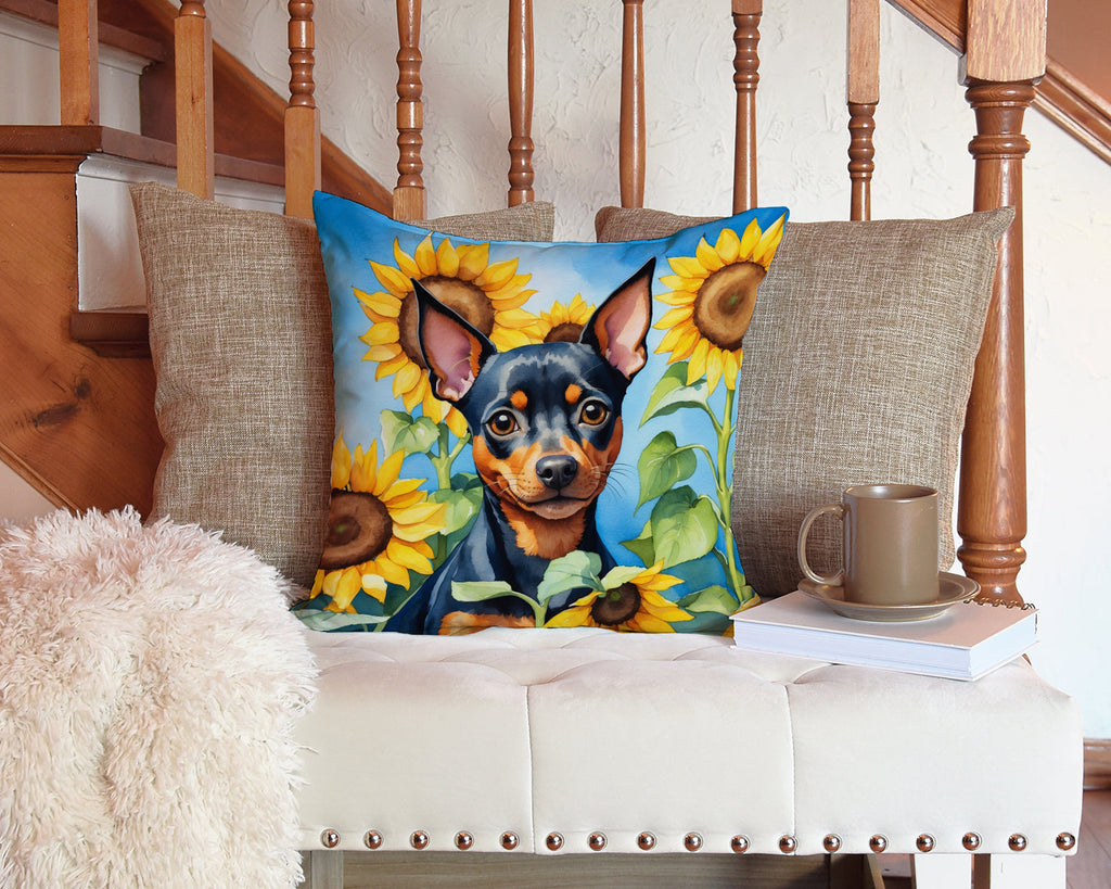 Miniature Pinscher in Sunflowers Decorative Throw Pillow 14x14 Indoor Outdoor Accent Cushion, Fabric Cover with Insert for Sofa, Bed, Porch & Living Room