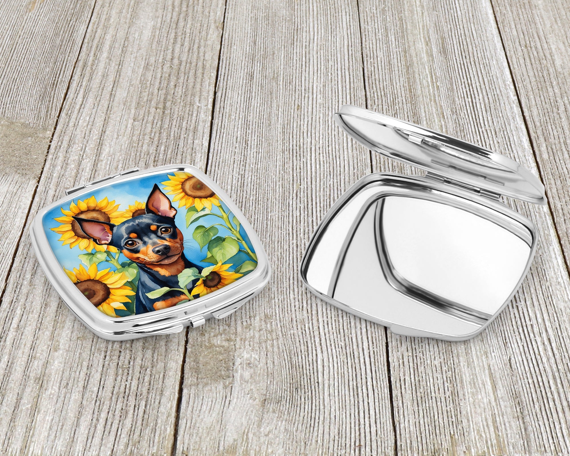 Miniature Pinscher in Sunflowers Compact Mirror Decorative Travel Makeup Mirror for Women Girls Gifts Pocket Makeup Mirror Folding Handheld