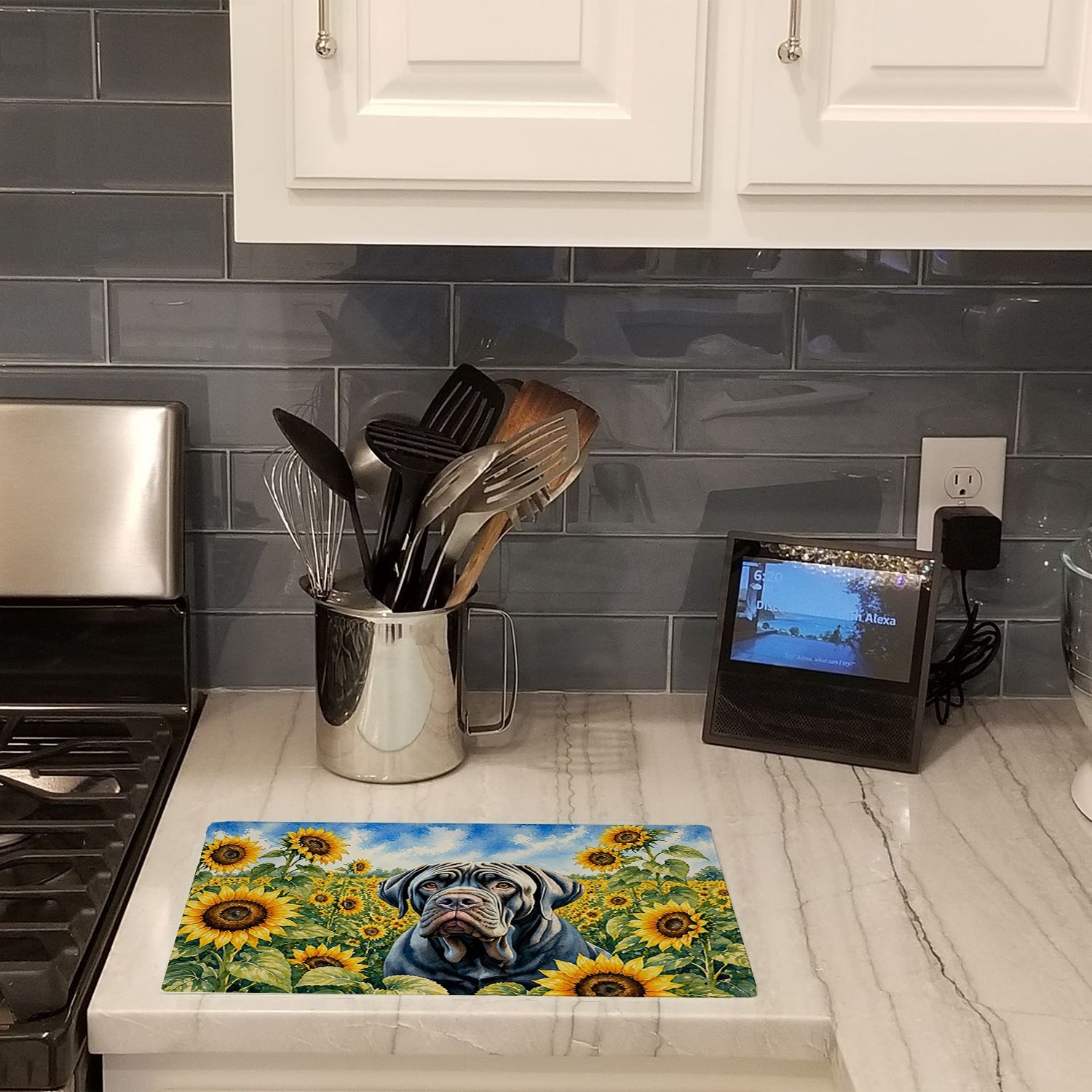 Neapolitan Mastiff in Sunflowers Cutting Board Tempered Glass Kitchen Cutting Surface, Heat Resistant Chopping Board with Non-Slip Feet, Decorative Food Prep & Serving