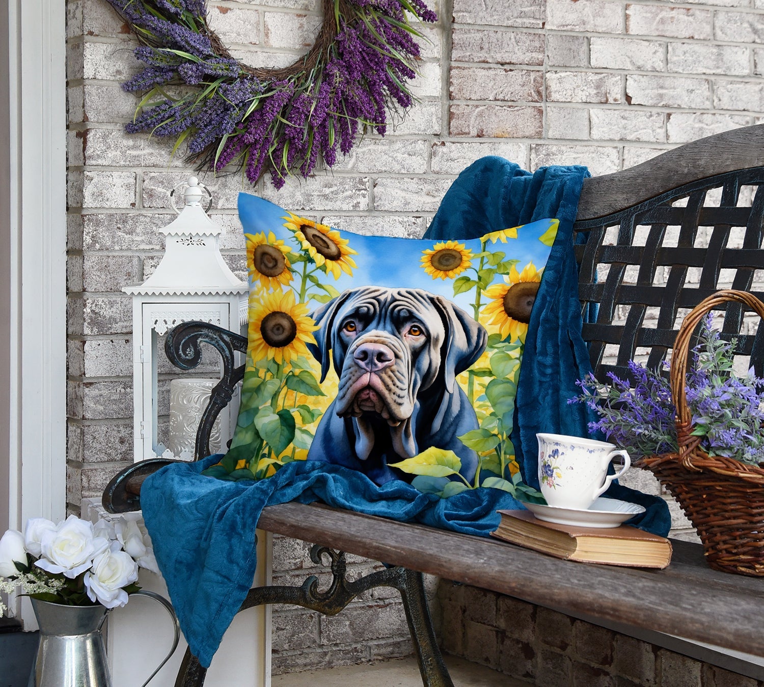 Neapolitan Mastiff in Sunflowers Decorative Throw Pillow 18x18 Indoor Outdoor Accent Cushion, Fabric Cover with Insert for Sofa, Bed, Porch & Living Room