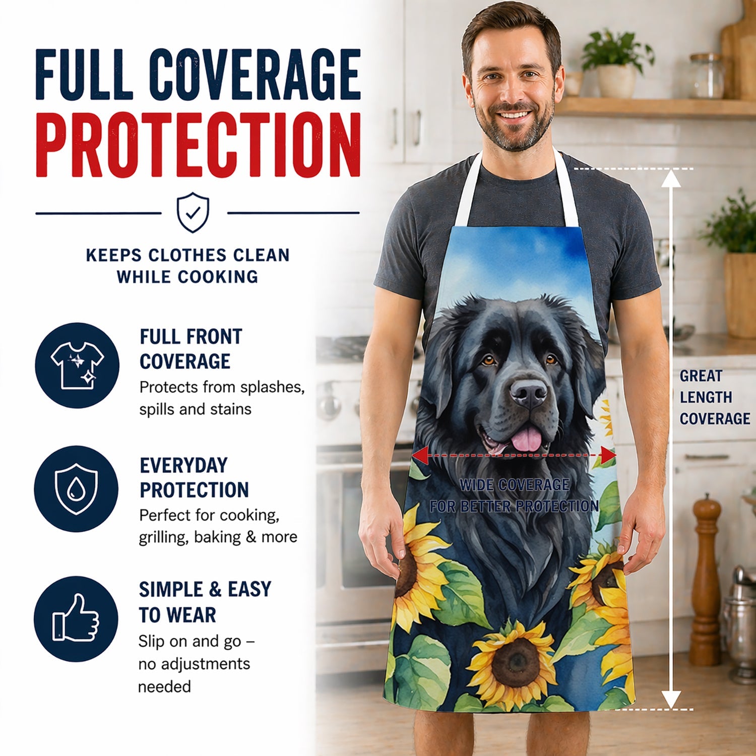 Newfoundland in Sunflowers Apron Cooking Kitchen Server Baking Crafts Gardening for Adult Women Men, Unisex, Large, Multicolor