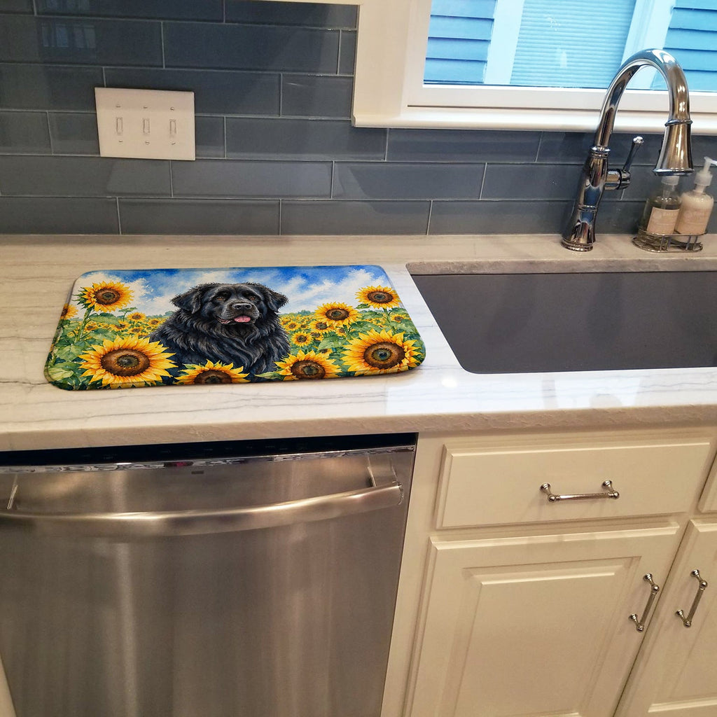Newfoundland in Sunflowers Dish Drying Mat Absorbent Dish Drying Mat Pad for Kitchen Counter Dish Drainer Mat for Countertop, 14 x 21", Multicolor