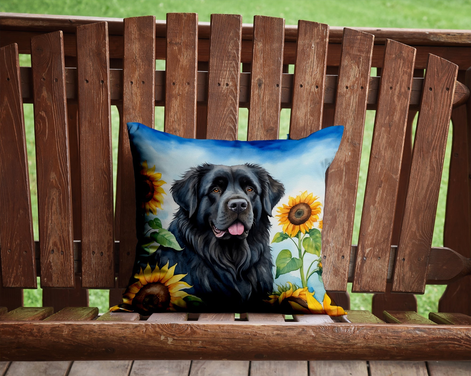 Newfoundland in Sunflowers Decorative Throw Pillow 14x14 Indoor Outdoor Accent Cushion, Fabric Cover with Insert for Sofa, Bed, Porch & Living Room