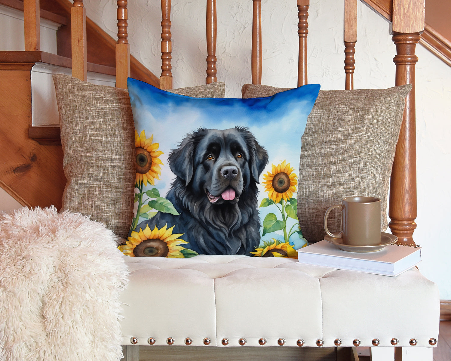 Newfoundland in Sunflowers Decorative Throw Pillow 14x14 Indoor Outdoor Accent Cushion, Fabric Cover with Insert for Sofa, Bed, Porch & Living Room