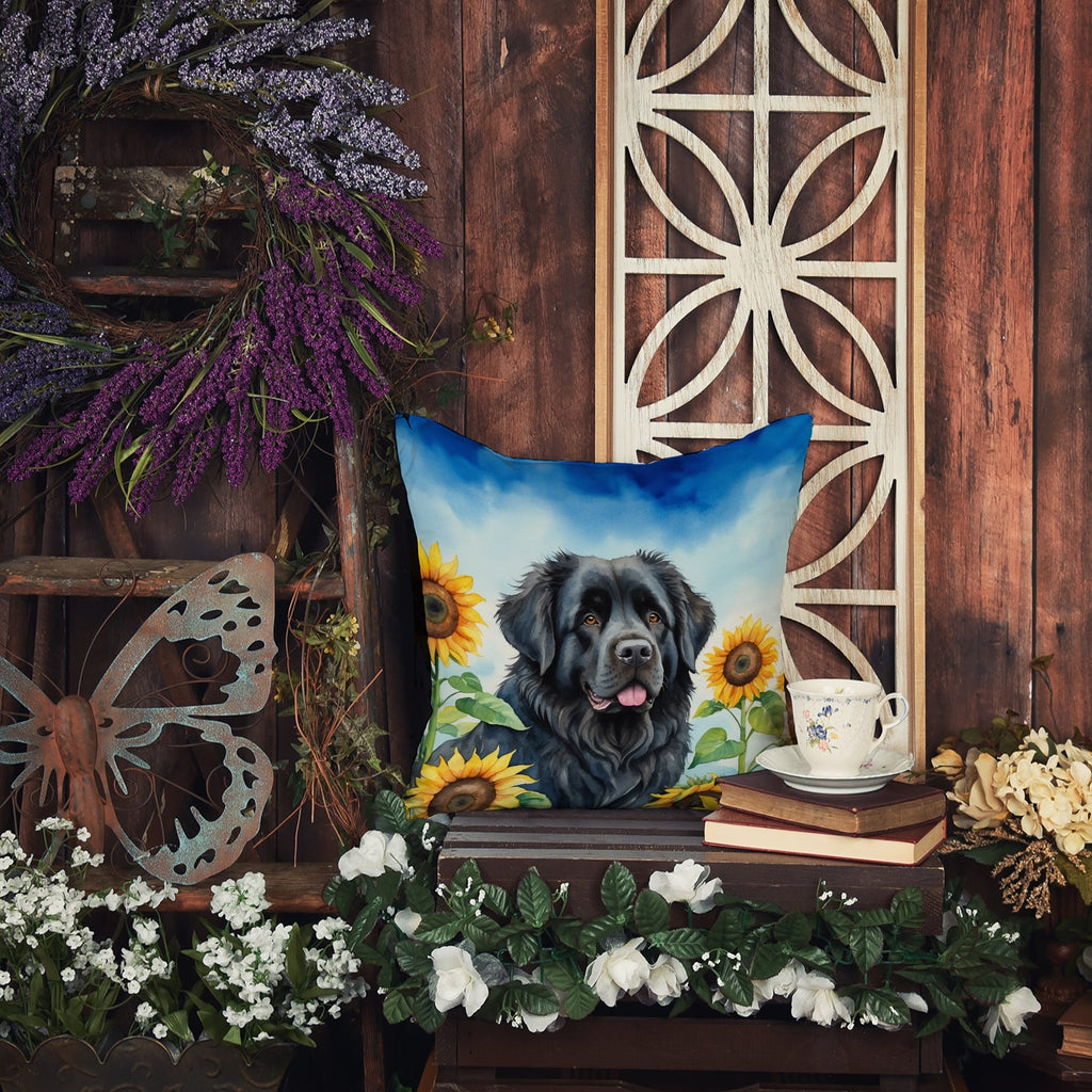 Newfoundland in Sunflowers Decorative Throw Pillow 18x18 Indoor Outdoor Accent Cushion, Fabric Cover with Insert for Sofa, Bed, Porch & Living Room