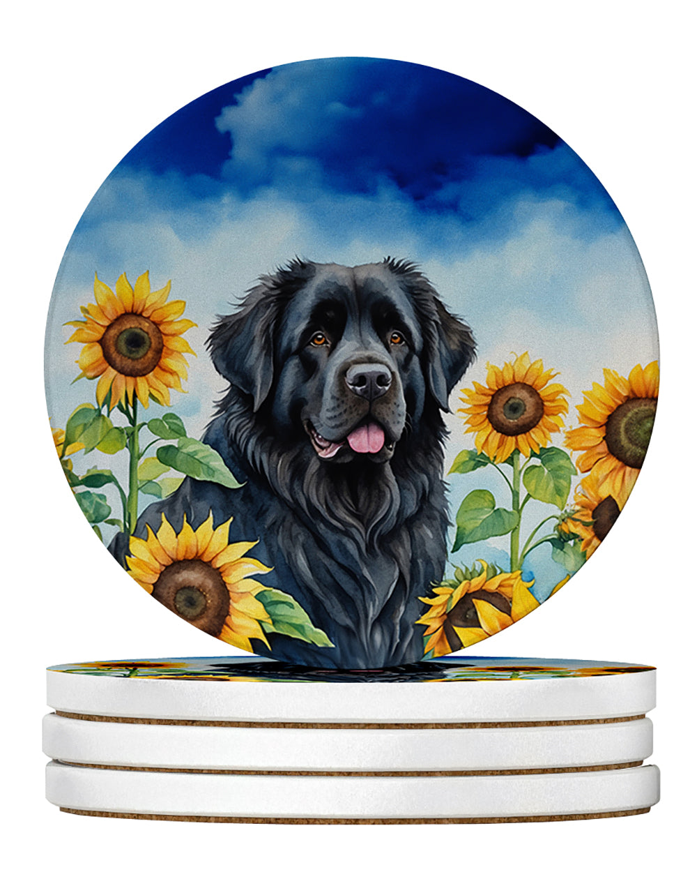 Newfoundland in Sunflowers Large Sandstone Coasters Pack of 4 Absorbent Round Coasters Decor Gifts for Men or Women, 4 in, Multicolor