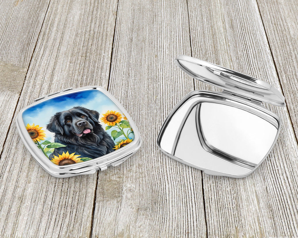 Newfoundland in Sunflowers Compact Mirror Decorative Travel Makeup Mirror for Women Girls Gifts Pocket Makeup Mirror Folding Handheld