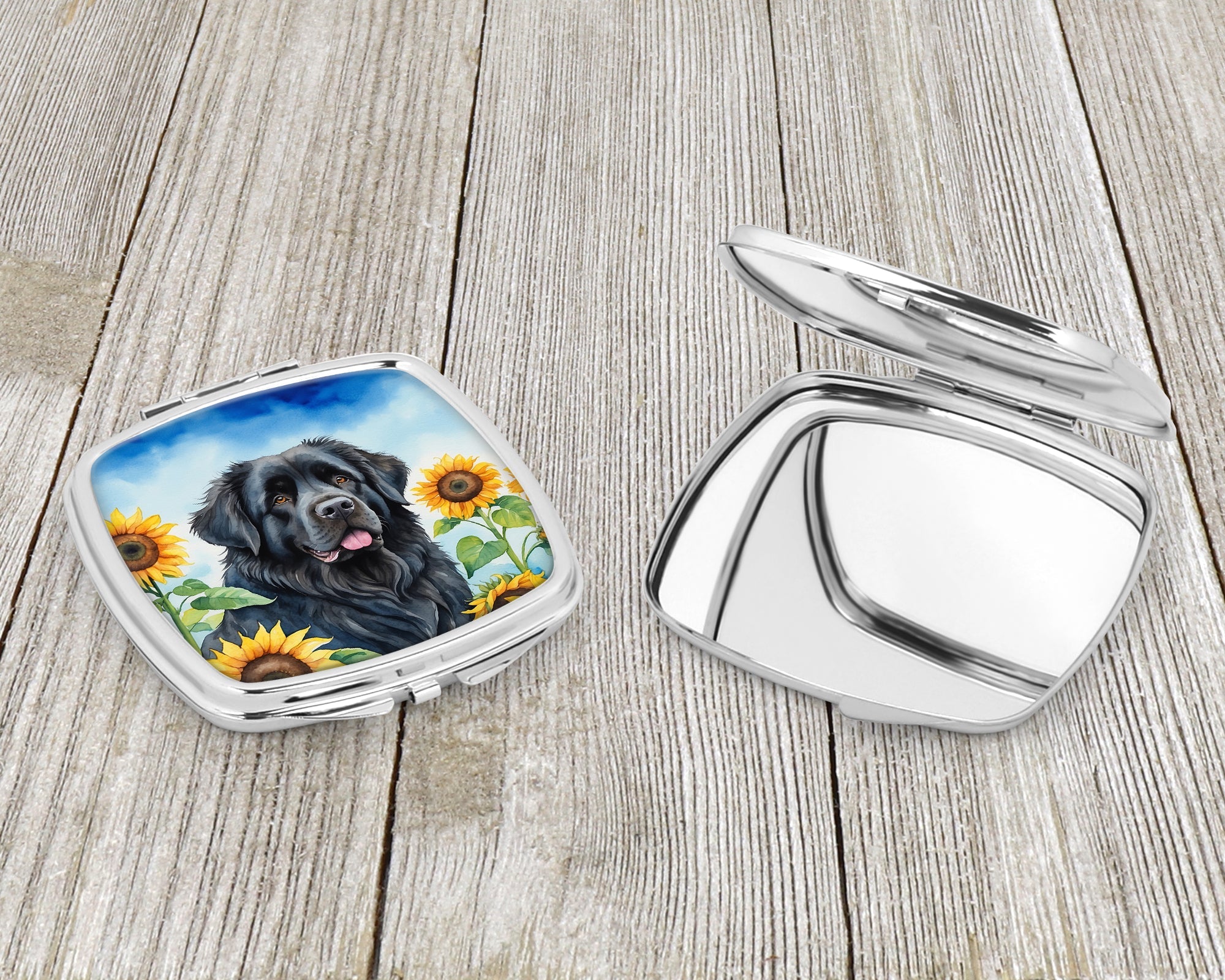 Newfoundland in Sunflowers Compact Mirror Decorative Travel Makeup Mirror for Women Girls Gifts Pocket Makeup Mirror Folding Handheld