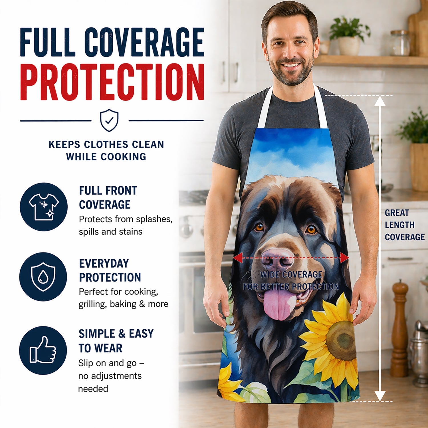 Newfoundland in Sunflowers Apron Cooking Kitchen Server Baking Crafts Gardening for Adult Women Men, Unisex, Large, Multicolor