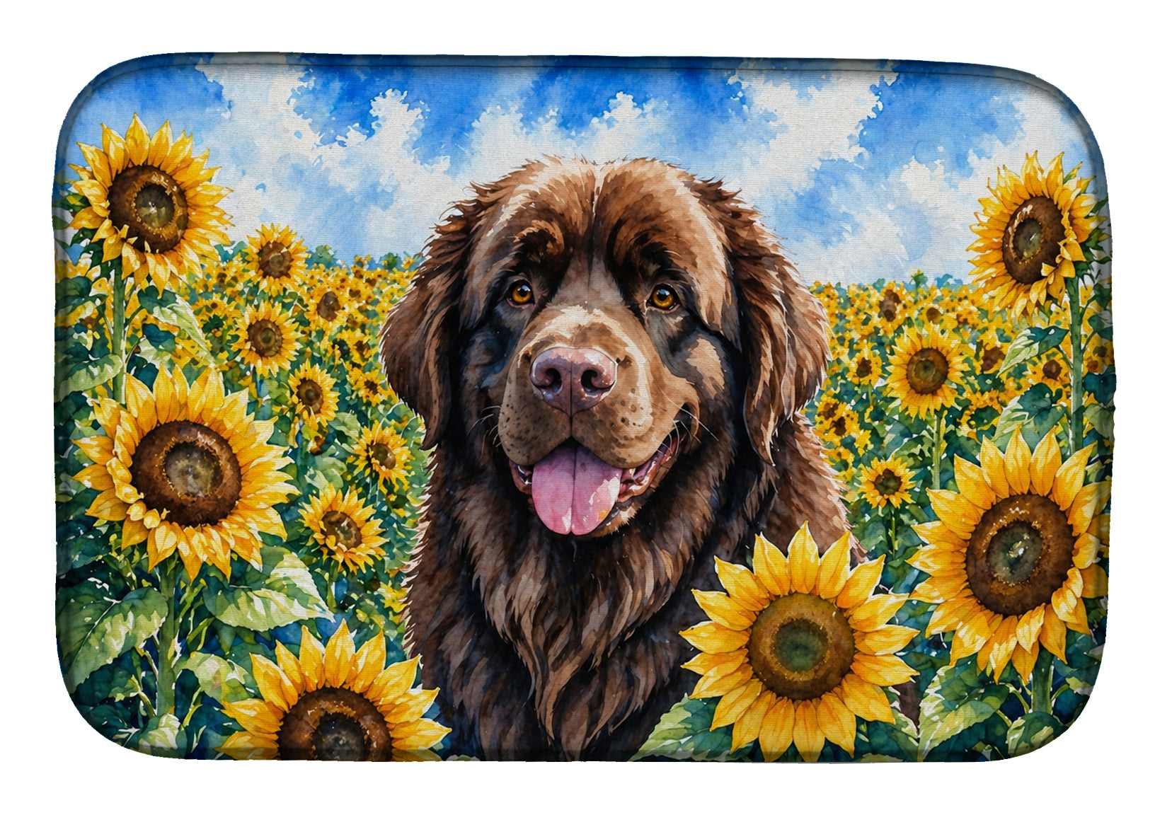 Newfoundland in Sunflowers Dish Drying Mat Absorbent Dish Drying Mat Pad for Kitchen Counter Dish Drainer Mat for Countertop, 14 x 21", Multicolor