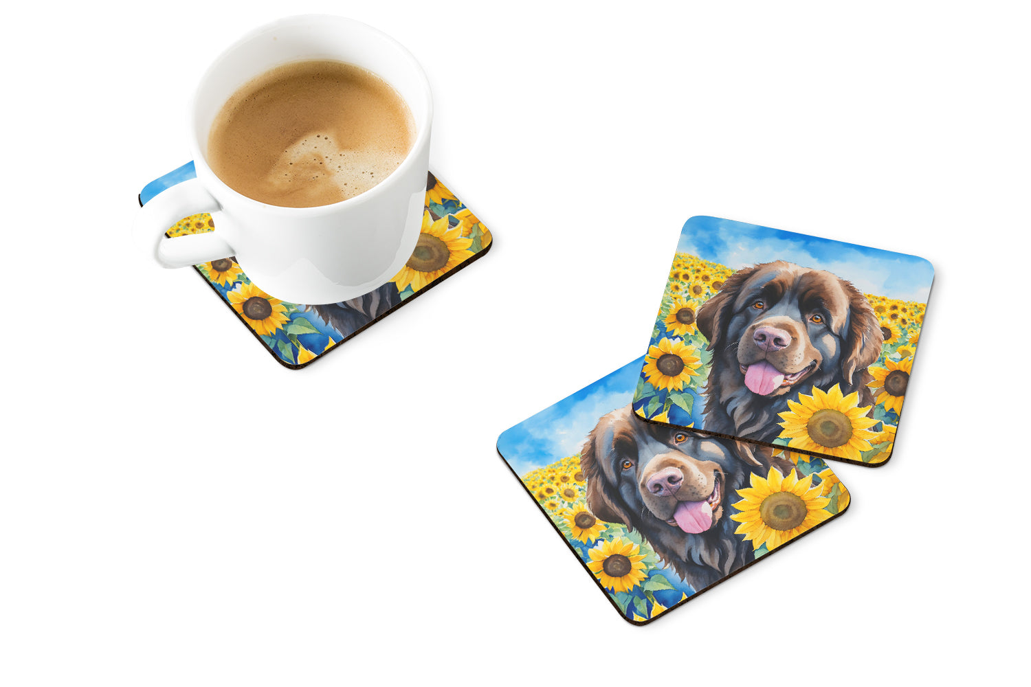 Newfoundland in Sunflowers Foam Coasters Set of 4 Cup Coasters for Indoor Outdoor, Tabletop Protection, Anti Slip, Mouse pad Material