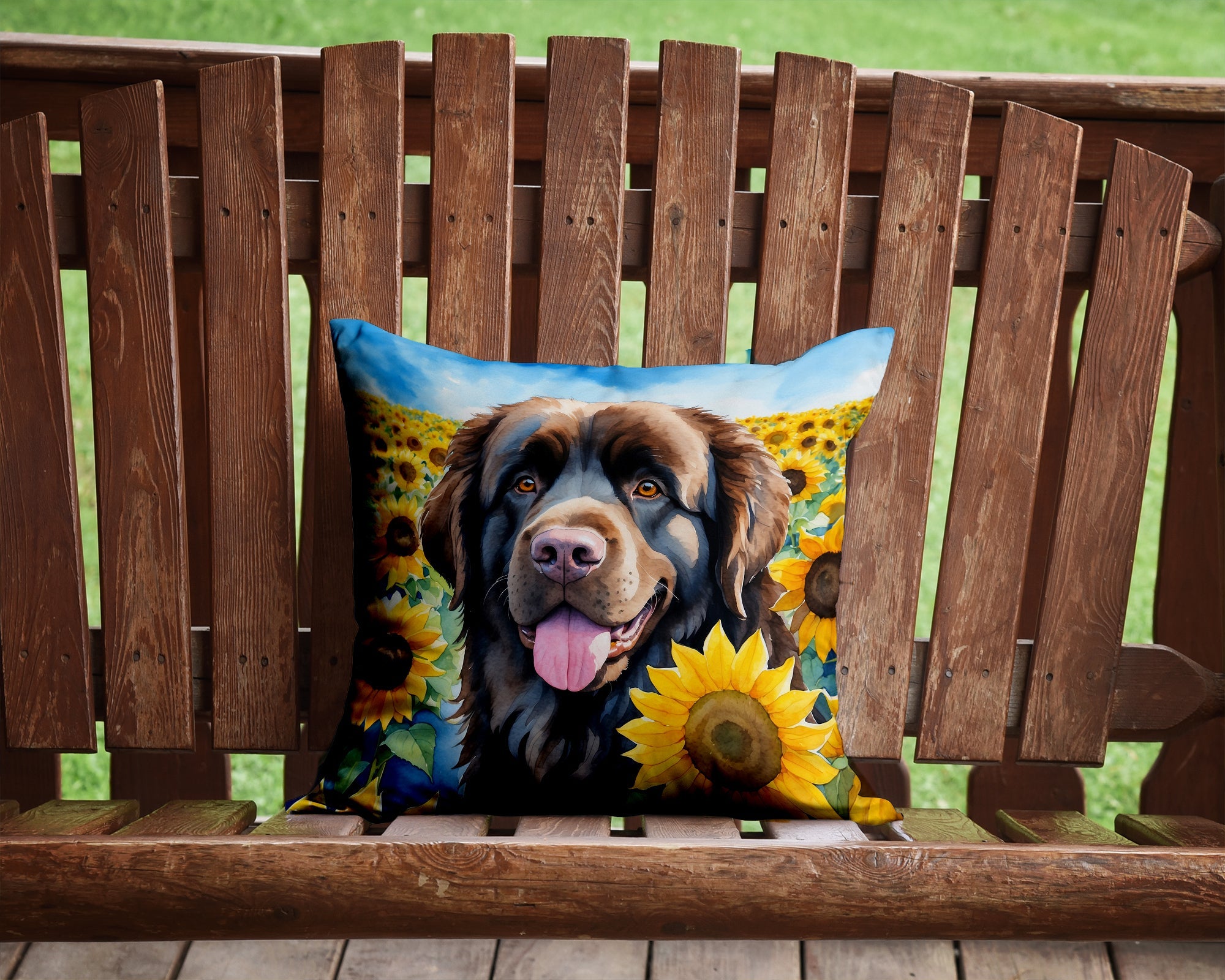 Newfoundland in Sunflowers Decorative Throw Pillow 14x14 Indoor Outdoor Accent Cushion, Fabric Cover with Insert for Sofa, Bed, Porch & Living Room