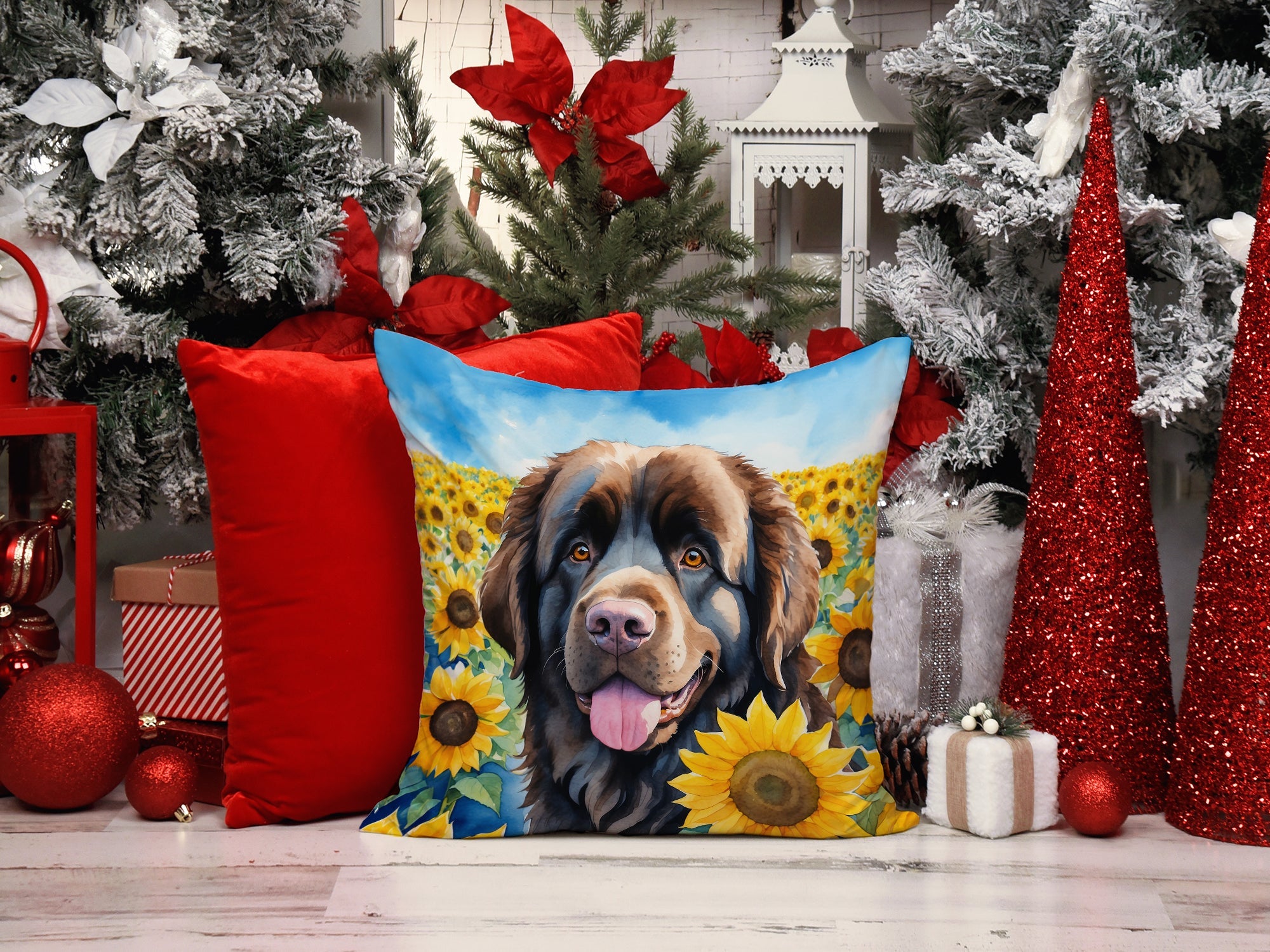 Newfoundland in Sunflowers Decorative Throw Pillow 14x14 Indoor Outdoor Accent Cushion, Fabric Cover with Insert for Sofa, Bed, Porch & Living Room