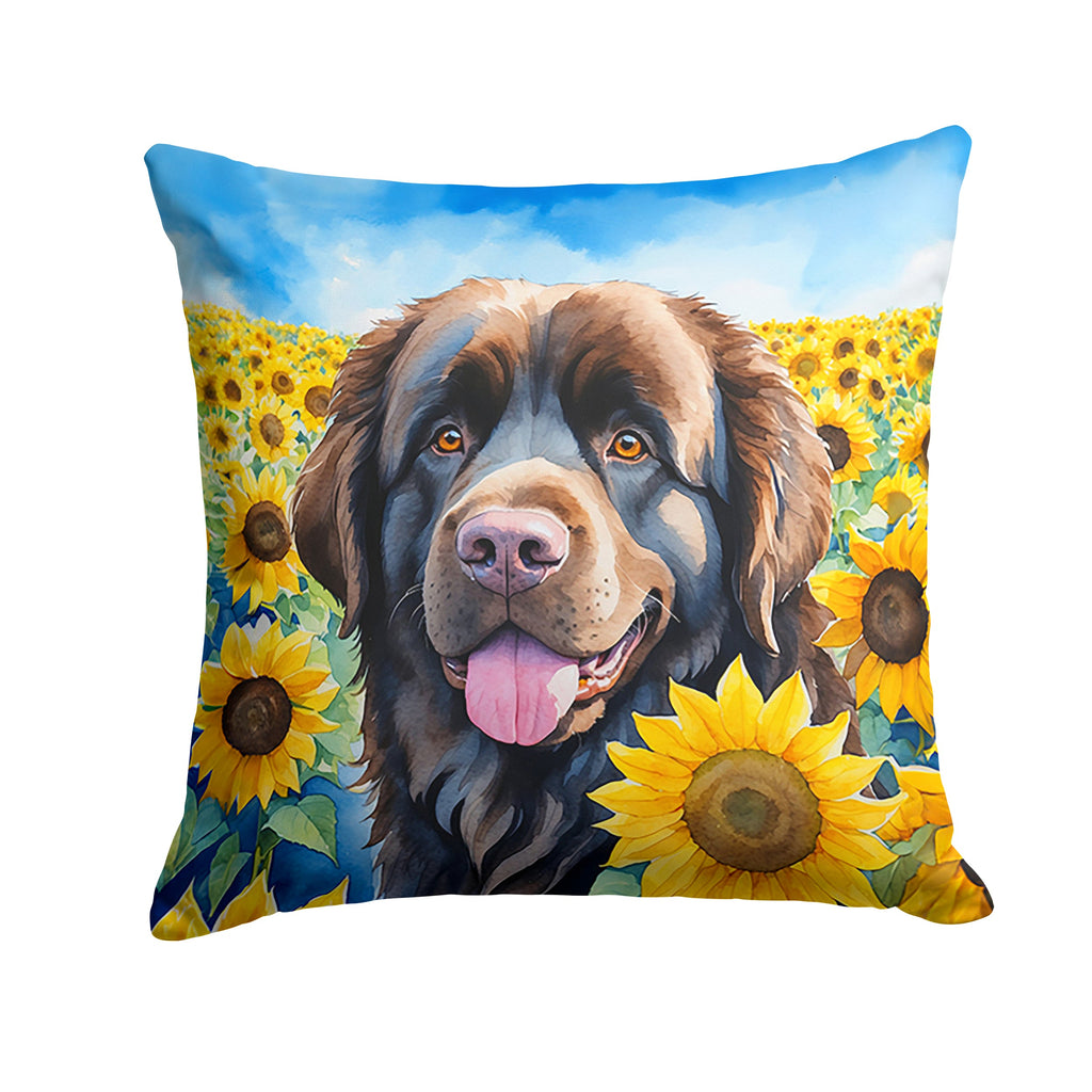 Newfoundland in Sunflowers Decorative Throw Pillow 18x18 Indoor Outdoor Accent Cushion, Fabric Cover with Insert for Sofa, Bed, Porch & Living Room