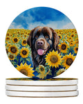 Newfoundland in Sunflowers Large Sandstone Coasters Pack of 4 Absorbent Round Coasters Decor Gifts for Men or Women, 4 in, Multicolor