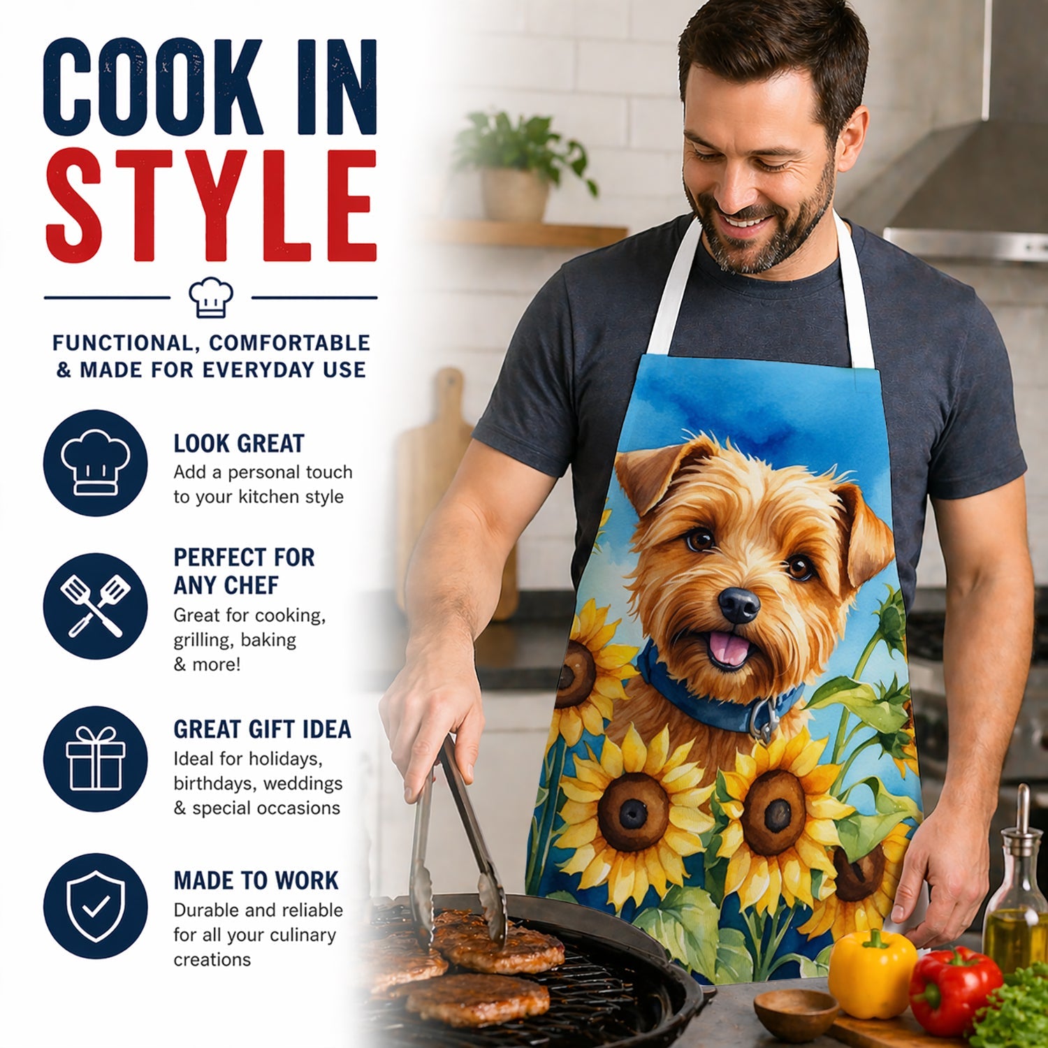 Norfolk Terrier in Sunflowers Apron Cooking Kitchen Server Baking Crafts Gardening for Adult Women Men, Unisex, Large, Multicolor