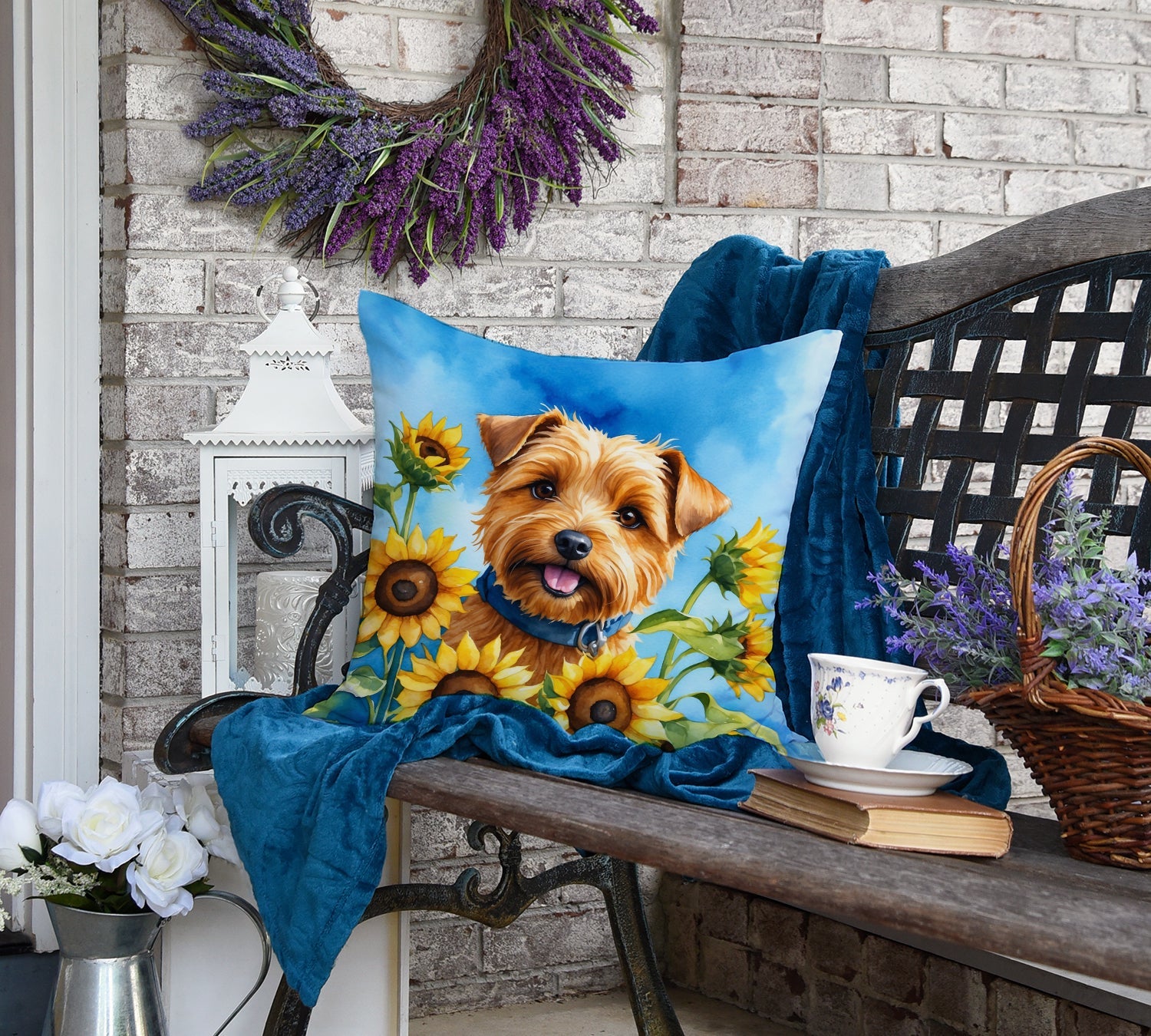 Norfolk Terrier in Sunflowers Decorative Throw Pillow 18x18 Indoor Outdoor Accent Cushion, Fabric Cover with Insert for Sofa, Bed, Porch & Living Room