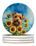 Norfolk Terrier in Sunflowers Large Sandstone Coasters Pack of 4 Absorbent Round Coasters Decor Gifts for Men or Women, 4 in, Multicolor