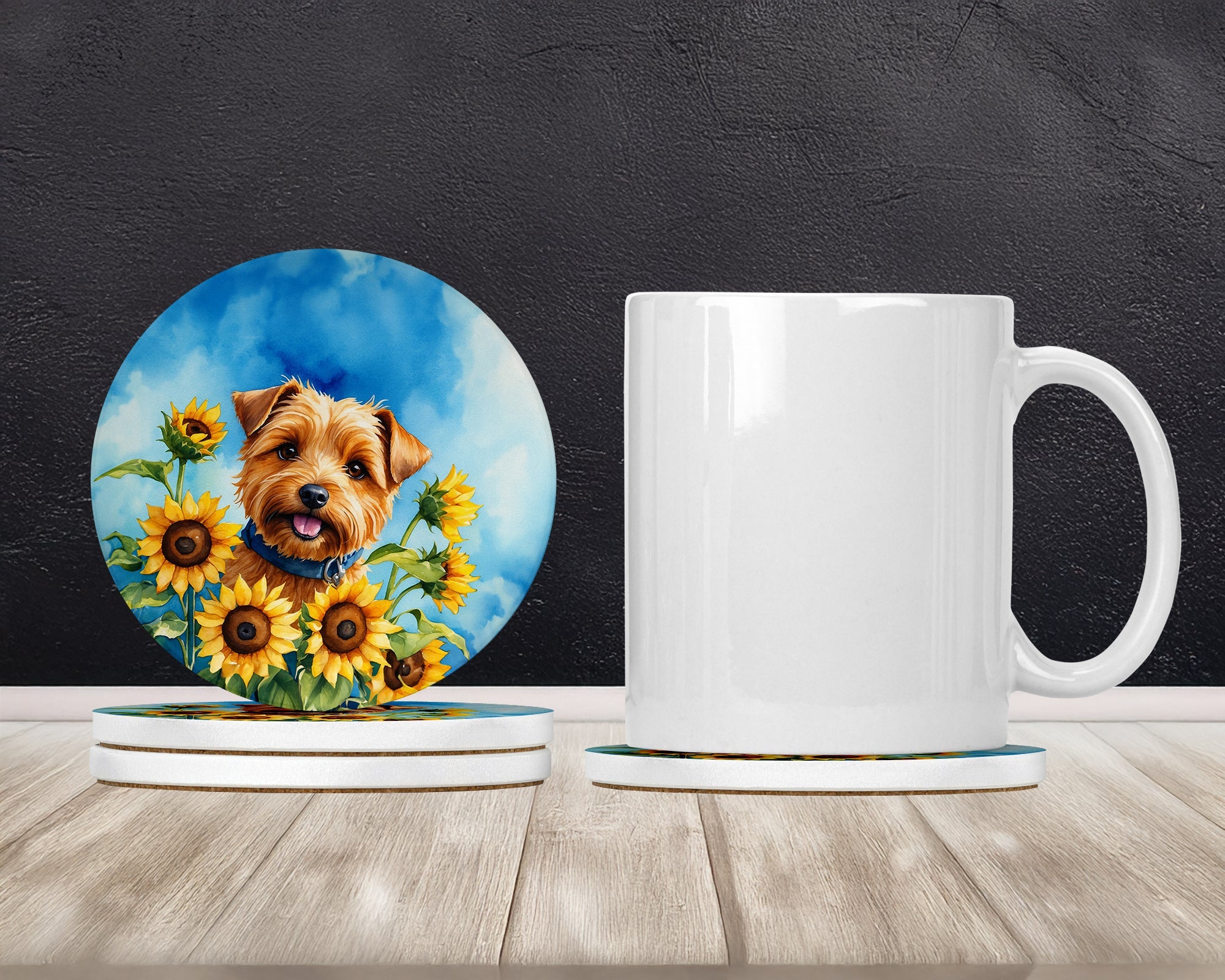 Norfolk Terrier in Sunflowers Large Sandstone Coasters Pack of 4 Absorbent Round Coasters Decor Gifts for Men or Women, 4 in, Multicolor