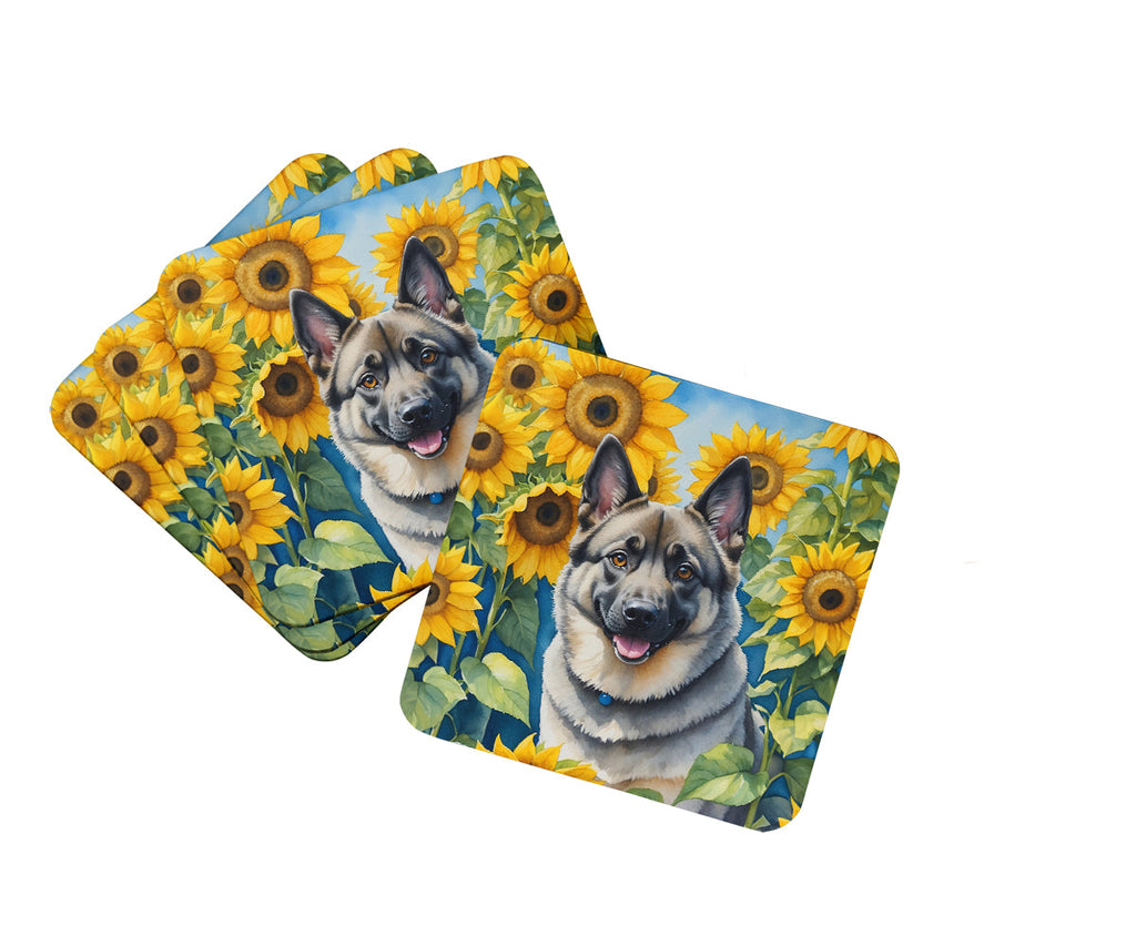 Norwegian Elkhound in Sunflowers Foam Coasters Set of 4 Cup Coasters for Indoor Outdoor, Tabletop Protection, Anti Slip, Mouse pad Material