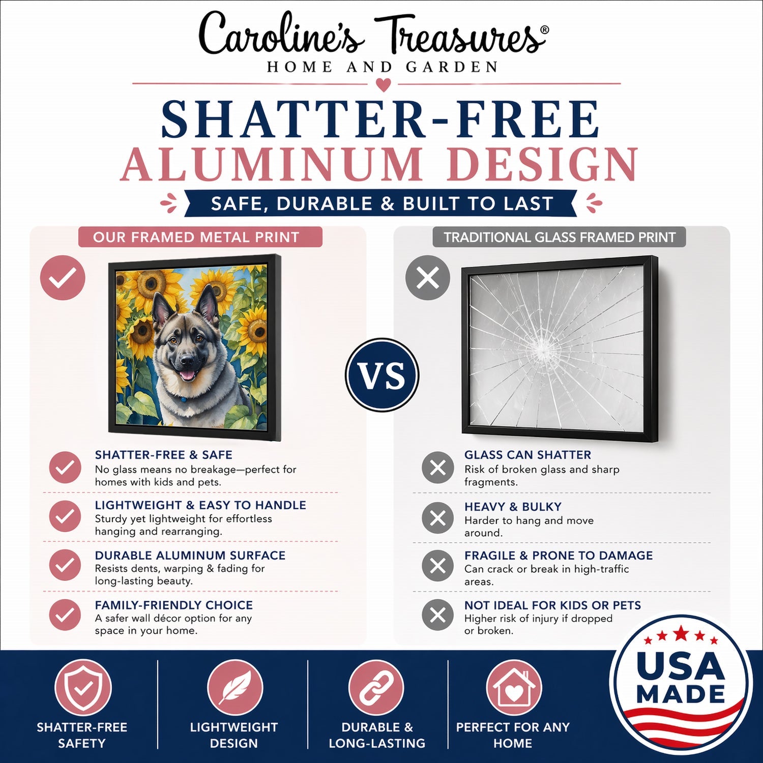 Norwegian Elkhound in Sunflowers Framed Metal Print Bathroom, Kitchen, Office, Home Decor Wall Art Ready to Hang, Square, 8X8