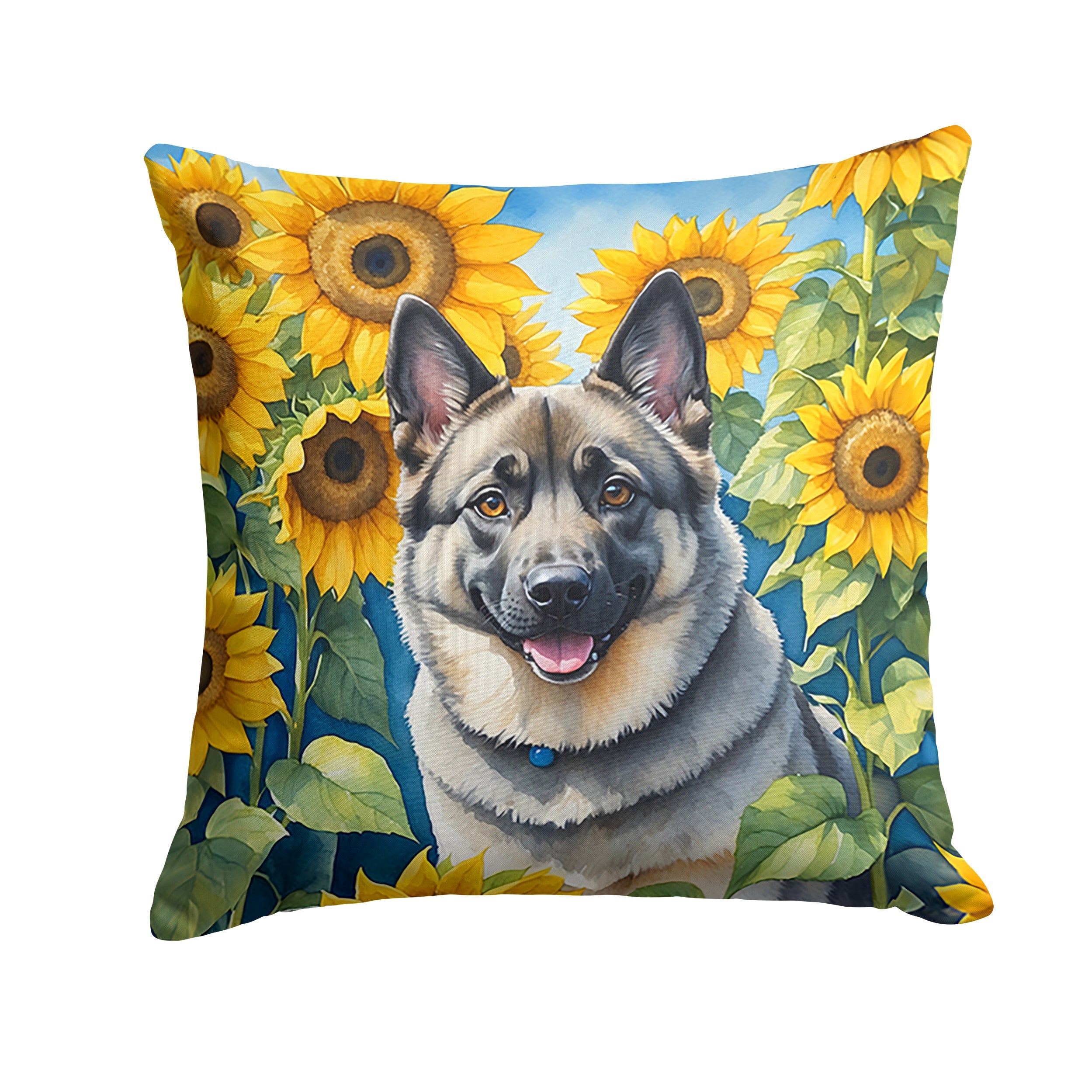 Norwegian Elkhound in Sunflowers Decorative Throw Pillow 18x18 Indoor Outdoor Accent Cushion, Fabric Cover with Insert for Sofa, Bed, Porch & Living Room