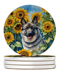Norwegian Elkhound in Sunflowers Large Sandstone Coasters Pack of 4 Absorbent Round Coasters Decor Gifts for Men or Women, 4 in, Multicolor