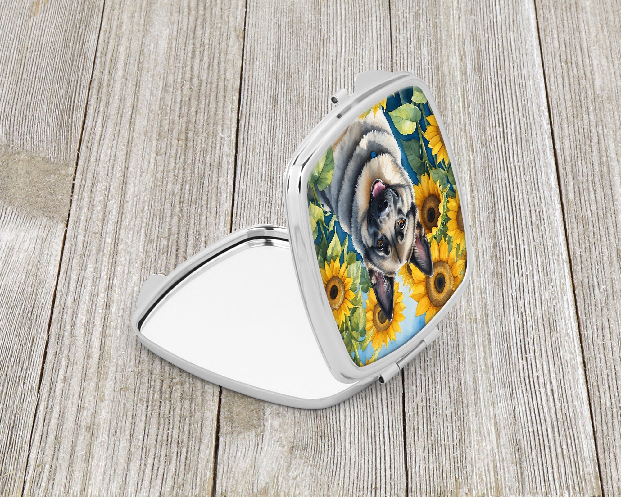 Norwegian Elkhound in Sunflowers Compact Mirror Decorative Travel Makeup Mirror for Women Girls Gifts Pocket Makeup Mirror Folding Handheld