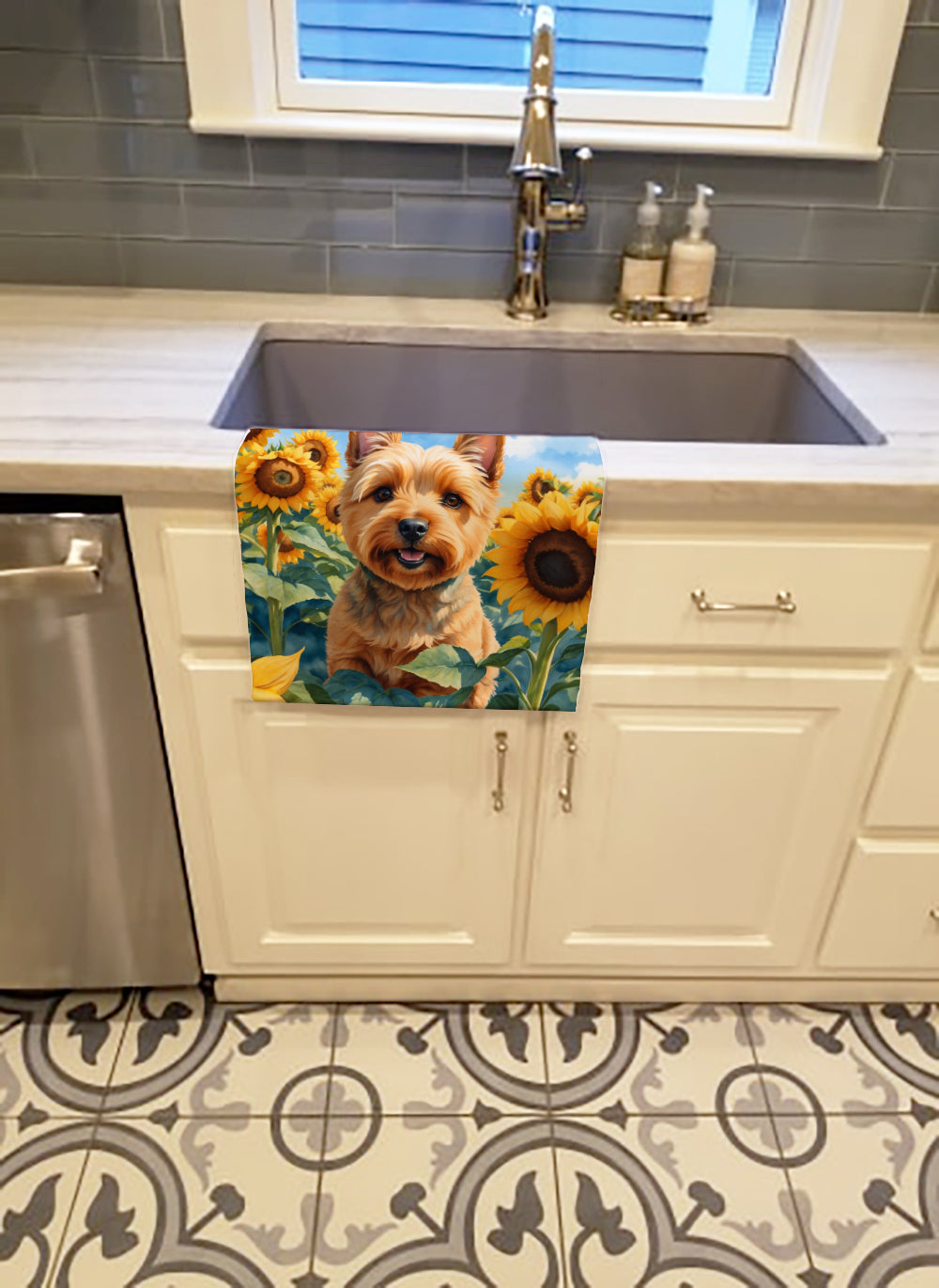 Norwich Terrier in Sunflowers Kitchen Towel Velour Plush Front and Cotton Loop Back Machine Washable