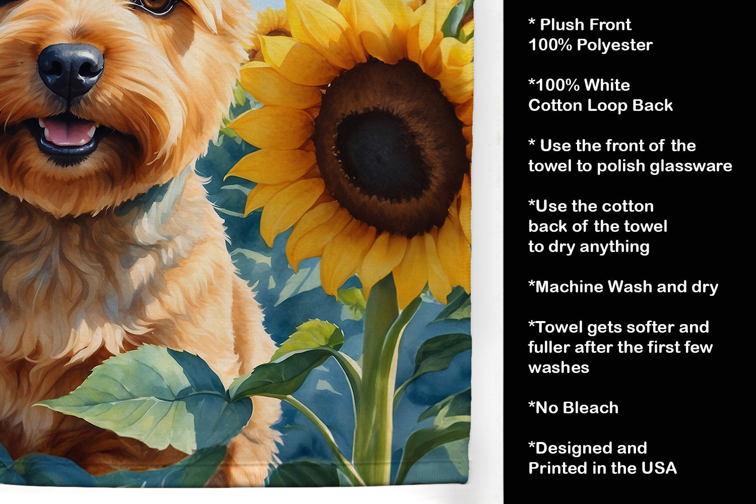 Norwich Terrier in Sunflowers Kitchen Towel Velour Plush Front and Cotton Loop Back Machine Washable