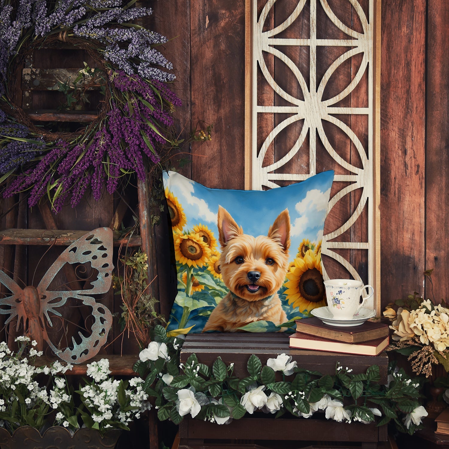Norwich Terrier in Sunflowers Decorative Throw Pillow 18x18 Indoor Outdoor Accent Cushion, Fabric Cover with Insert for Sofa, Bed, Porch & Living Room