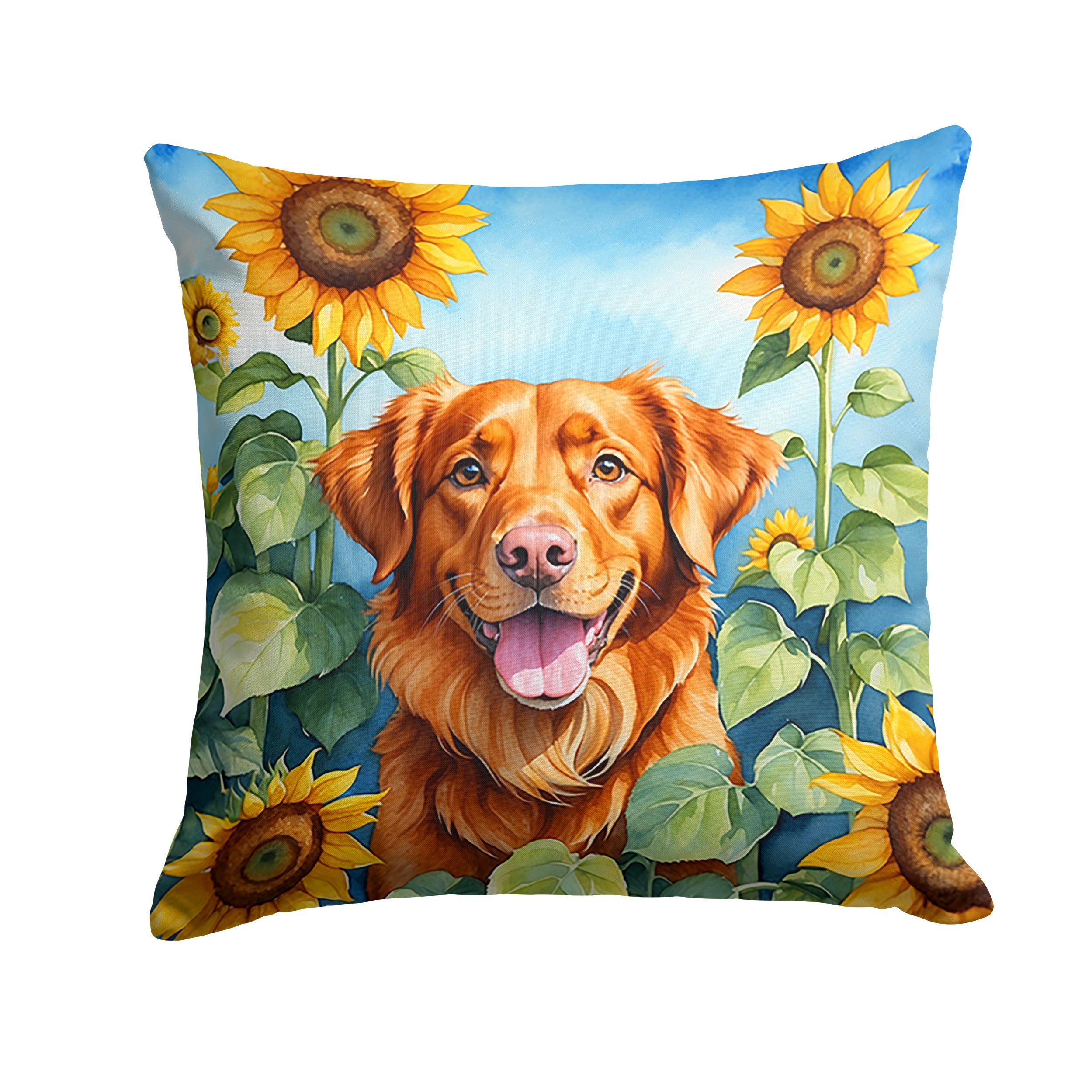 Nova Scotia Duck Toller in Sunflowers Decorative Throw Pillow 14x14 Indoor Outdoor Accent Cushion, Fabric Cover with Insert for Sofa, Bed, Porch & Living Room