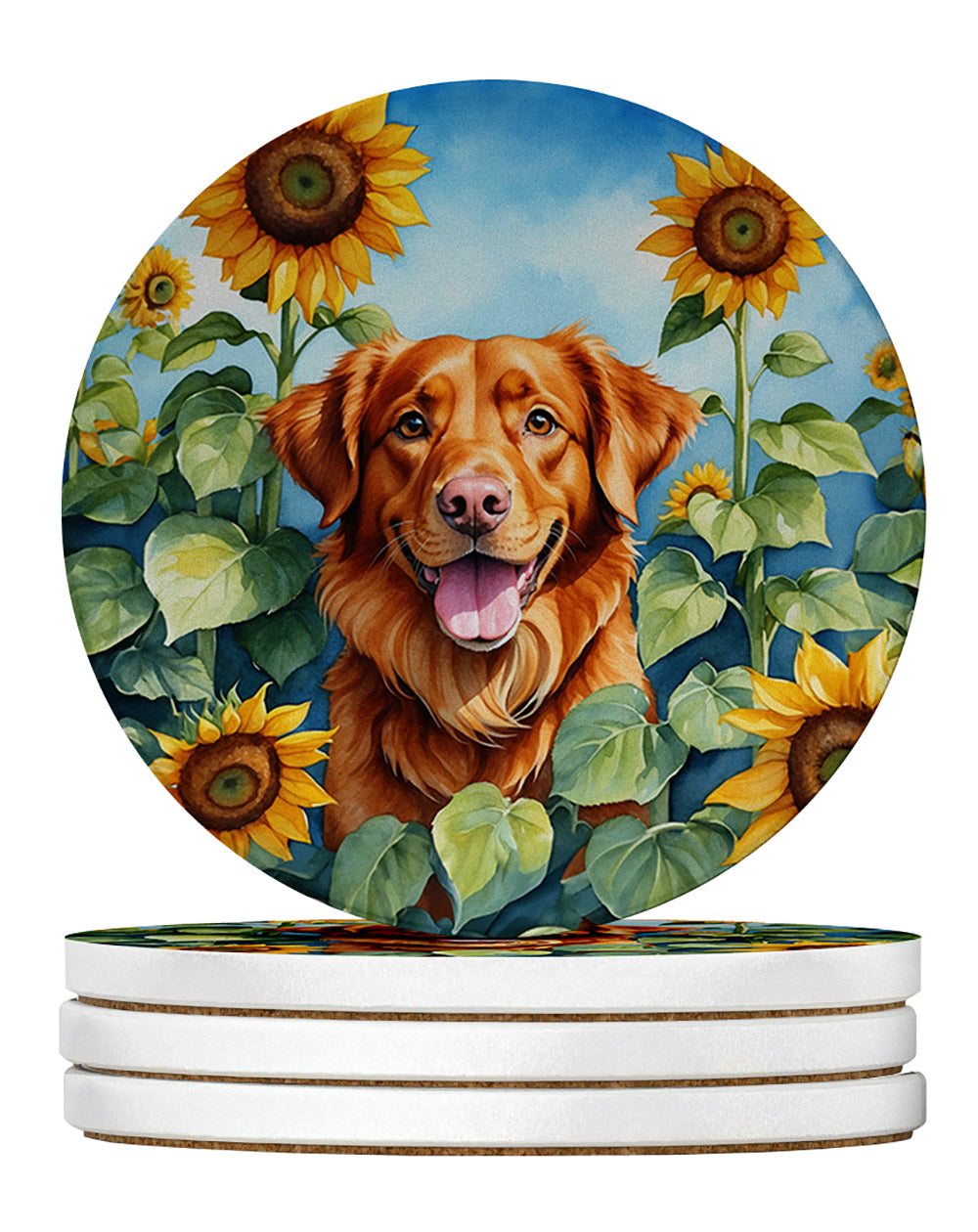 Nova Scotia Duck Toller in Sunflowers Large Sandstone Coasters Pack of 4 Absorbent Round Coasters Decor Gifts for Men or Women, 4 in, Multicolor