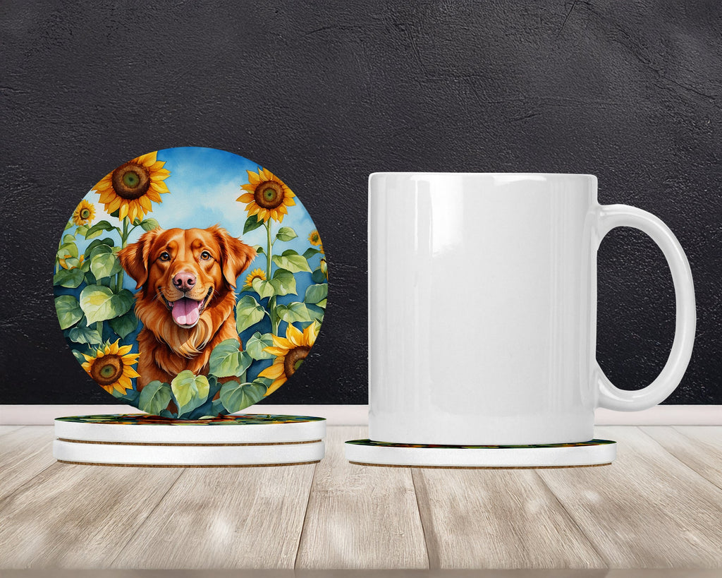 Nova Scotia Duck Toller in Sunflowers Large Sandstone Coasters Pack of 4 Absorbent Round Coasters Decor Gifts for Men or Women, 4 in, Multicolor