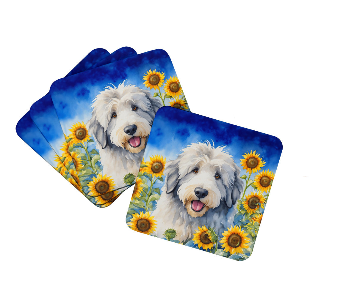 Old English Sheepdog in Sunflowers Foam Coasters Set of 4 Cup Coasters for Indoor Outdoor, Tabletop Protection, Anti Slip, Mouse pad Material
