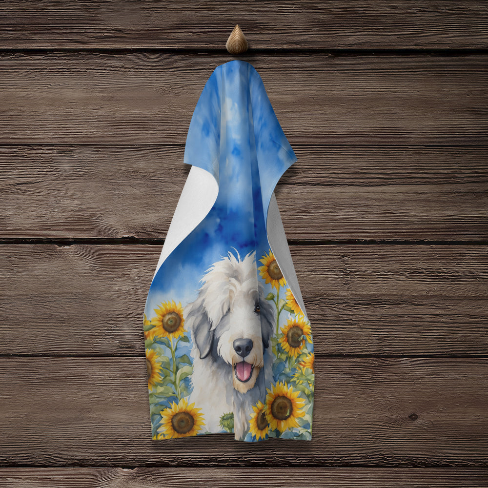 Old English Sheepdog in Sunflowers Kitchen Towel Velour Plush Front and Cotton Loop Back Machine Washable