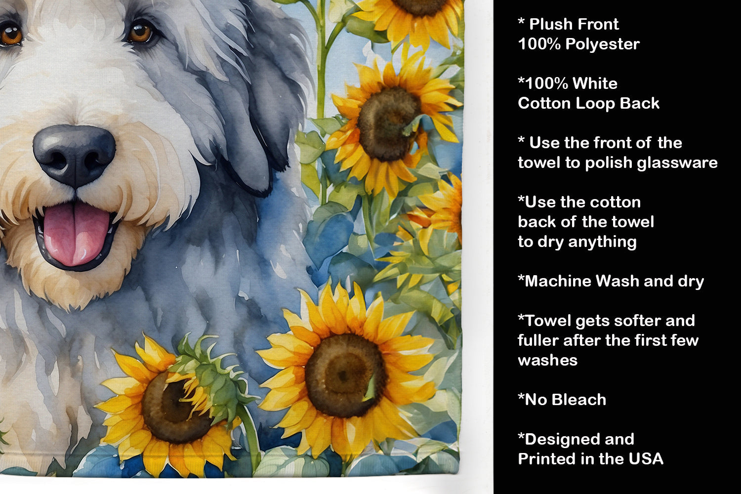 Old English Sheepdog in Sunflowers Kitchen Towel Velour Plush Front and Cotton Loop Back Machine Washable