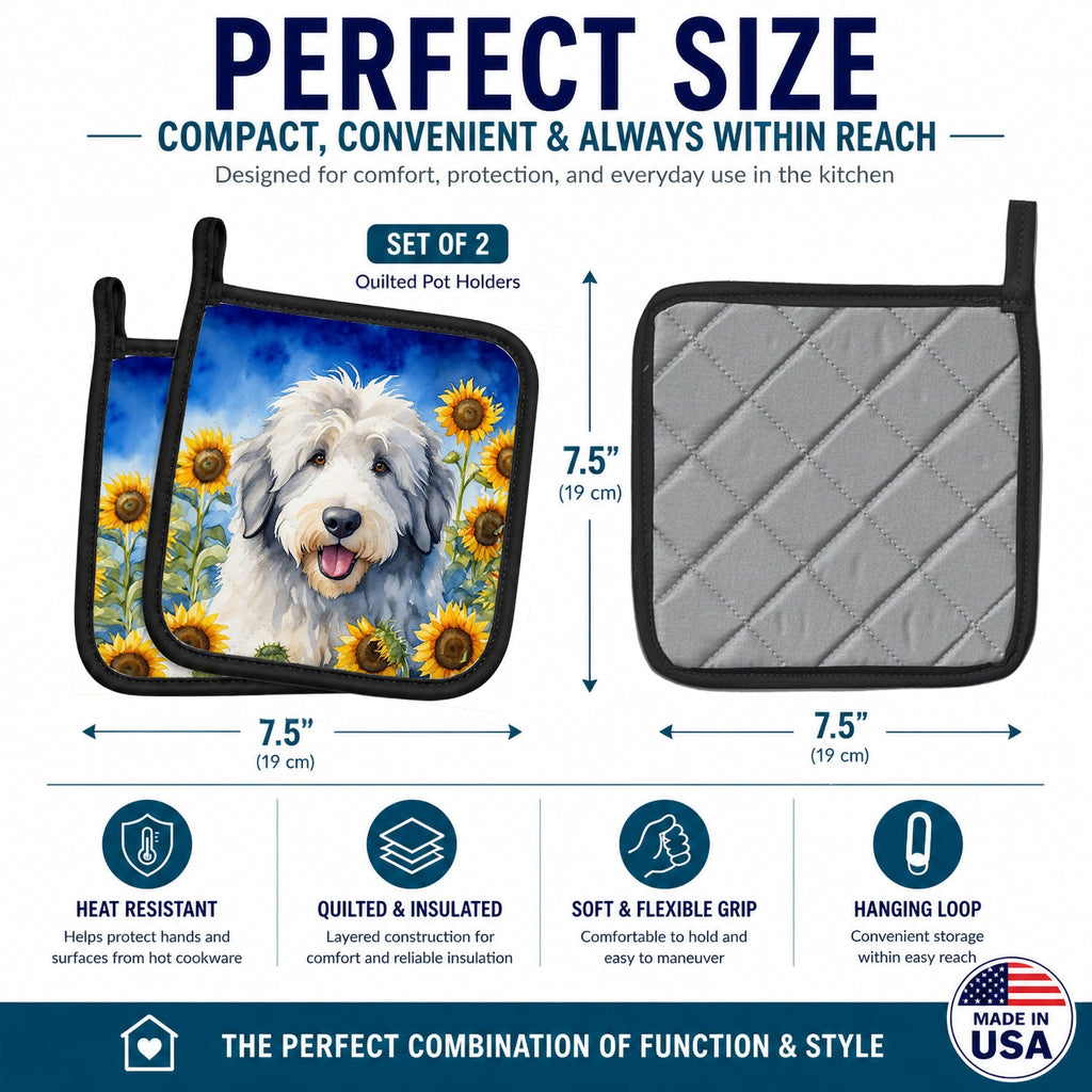 Old English Sheepdog in Sunflowers Pot Holder Set of 2 Heat Resistant Quilted Hot Pads 7.5 x 7.5 Inch, Insulated Kitchen Trivets for Cooking & Baking