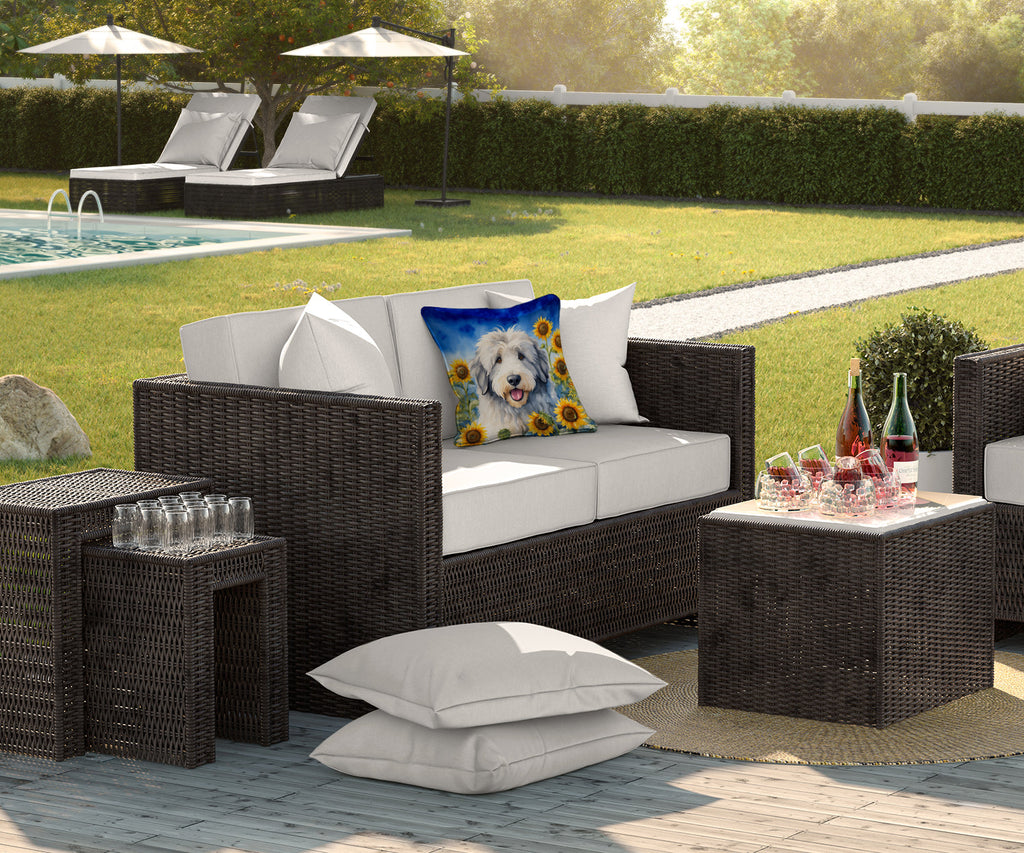 Old English Sheepdog in Sunflowers Decorative Throw Pillow 18x18 Indoor Outdoor Accent Cushion, Fabric Cover with Insert for Sofa, Bed, Porch & Living Room
