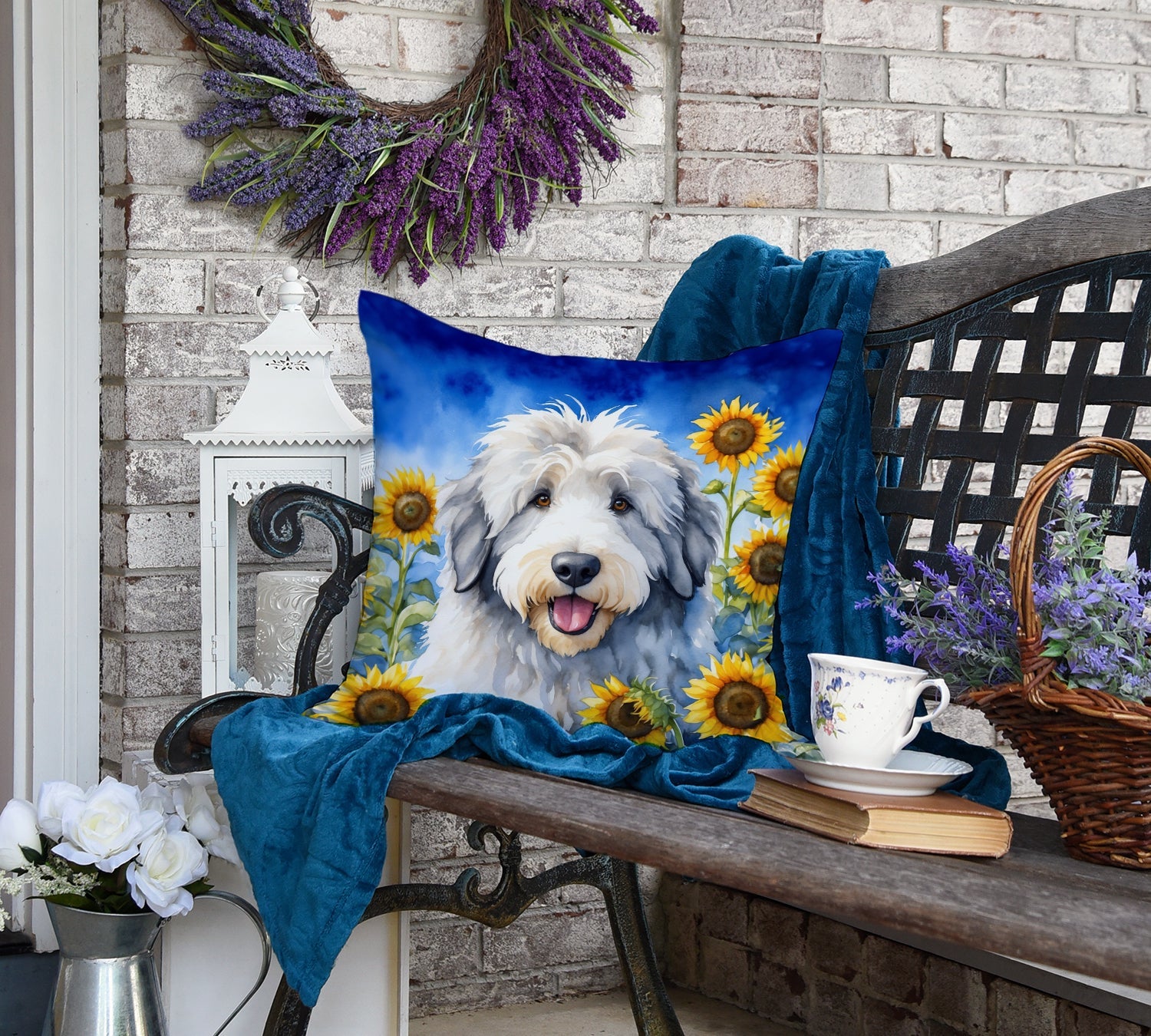 Old English Sheepdog in Sunflowers Decorative Throw Pillow 18x18 Indoor Outdoor Accent Cushion, Fabric Cover with Insert for Sofa, Bed, Porch & Living Room