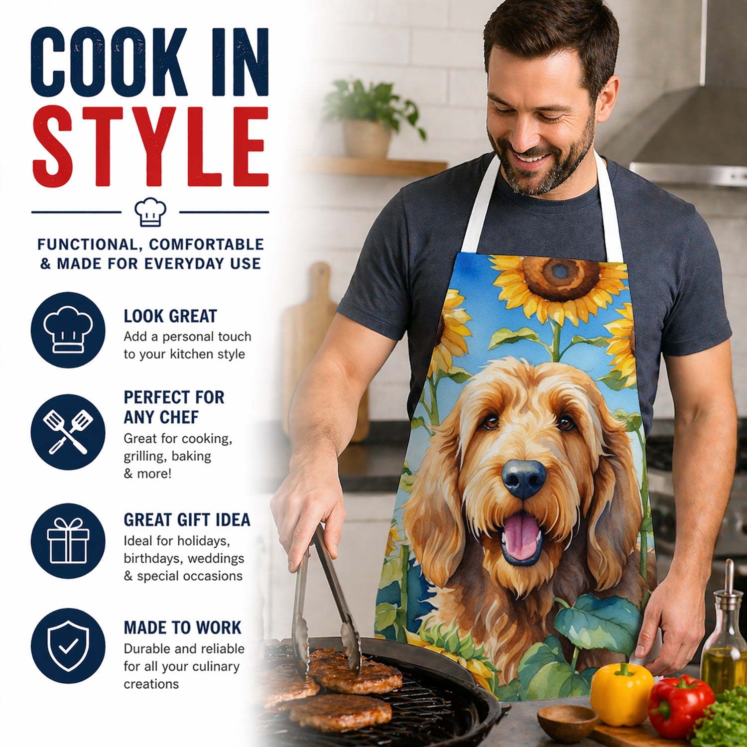 Otterhound in Sunflowers Apron Cooking Kitchen Server Baking Crafts Gardening for Adult Women Men, Unisex, Large, Multicolor