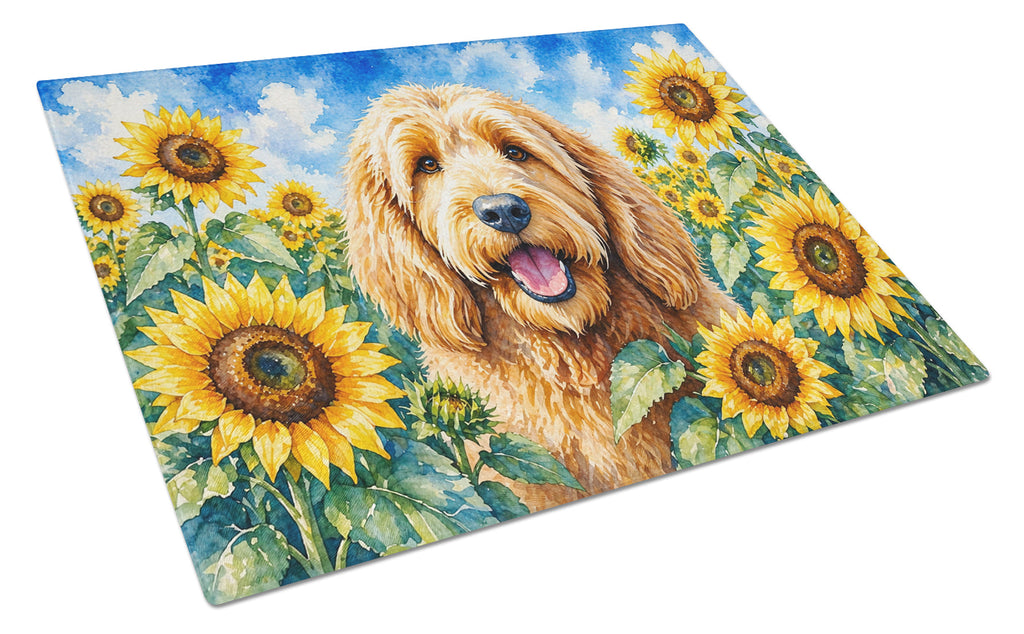 Otterhound in Sunflowers Cutting Board Tempered Glass Kitchen Cutting Surface, Heat Resistant Chopping Board with Non-Slip Feet, Decorative Food Prep & Serving
