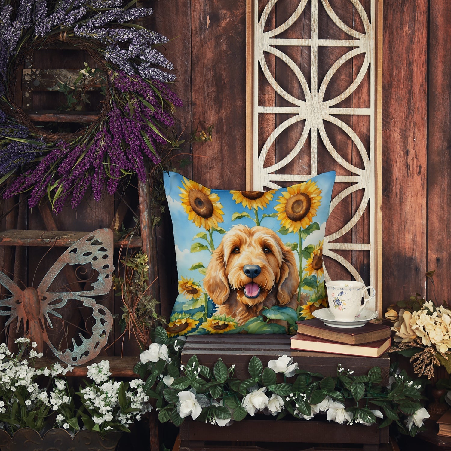 Otterhound in Sunflowers Decorative Throw Pillow 14x14 Indoor Outdoor Accent Cushion, Fabric Cover with Insert for Sofa, Bed, Porch & Living Room