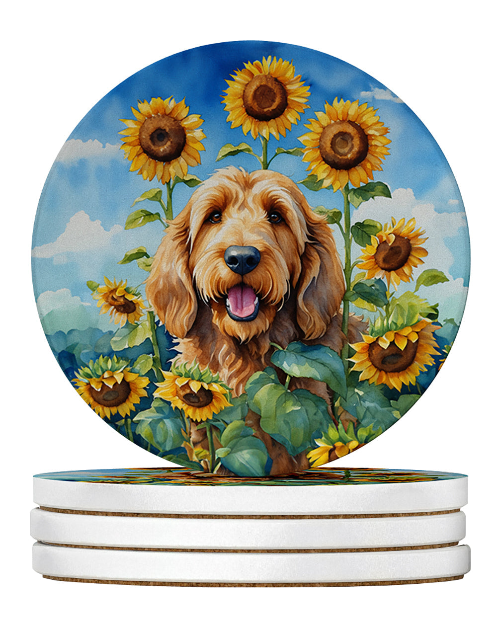 Otterhound in Sunflowers Large Sandstone Coasters Pack of 4 Absorbent Round Coasters Decor Gifts for Men or Women, 4 in, Multicolor