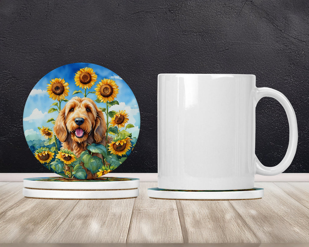 Otterhound in Sunflowers Large Sandstone Coasters Pack of 4 Absorbent Round Coasters Decor Gifts for Men or Women, 4 in, Multicolor
