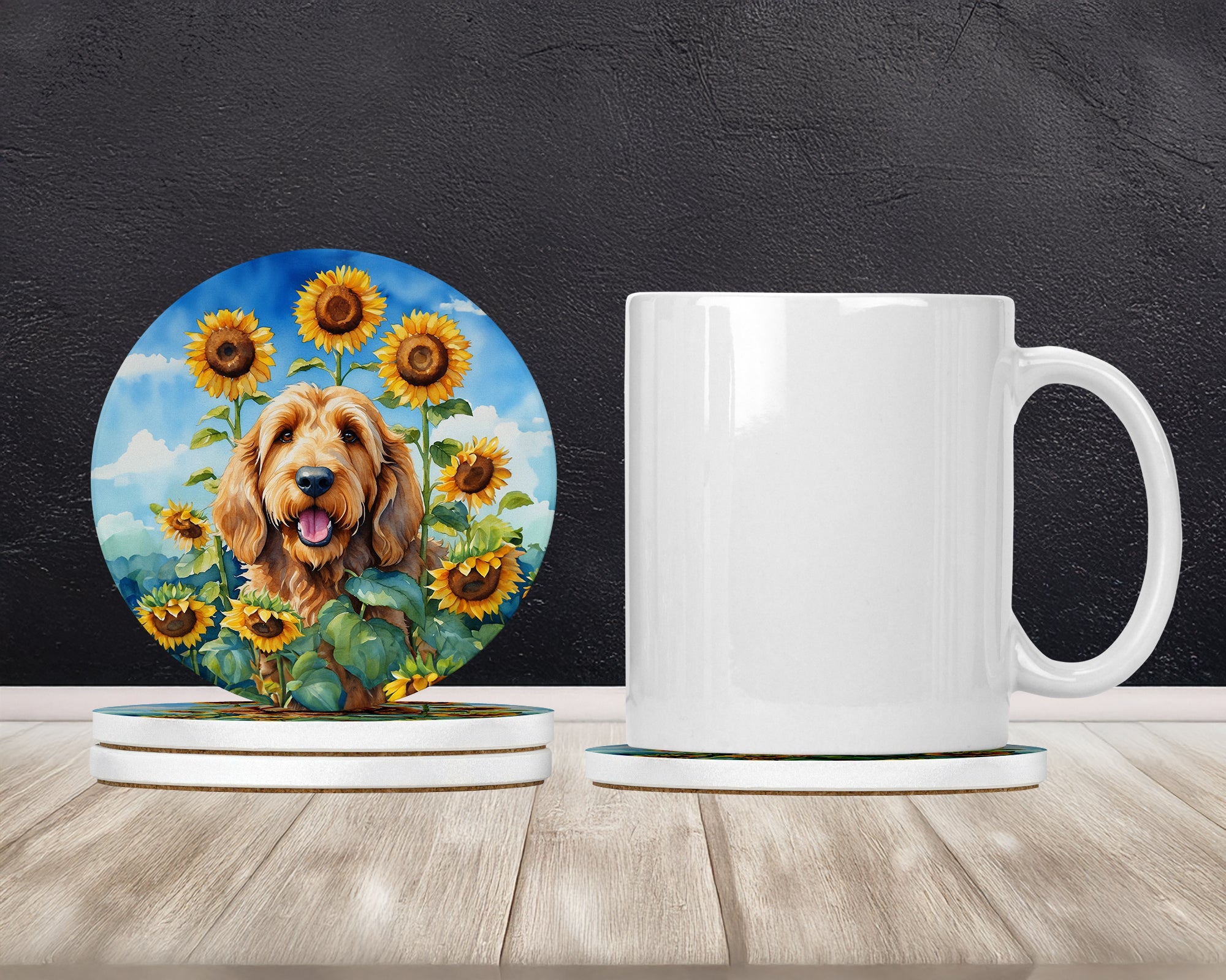 Otterhound in Sunflowers Large Sandstone Coasters Pack of 4 Absorbent Round Coasters Decor Gifts for Men or Women, 4 in, Multicolor