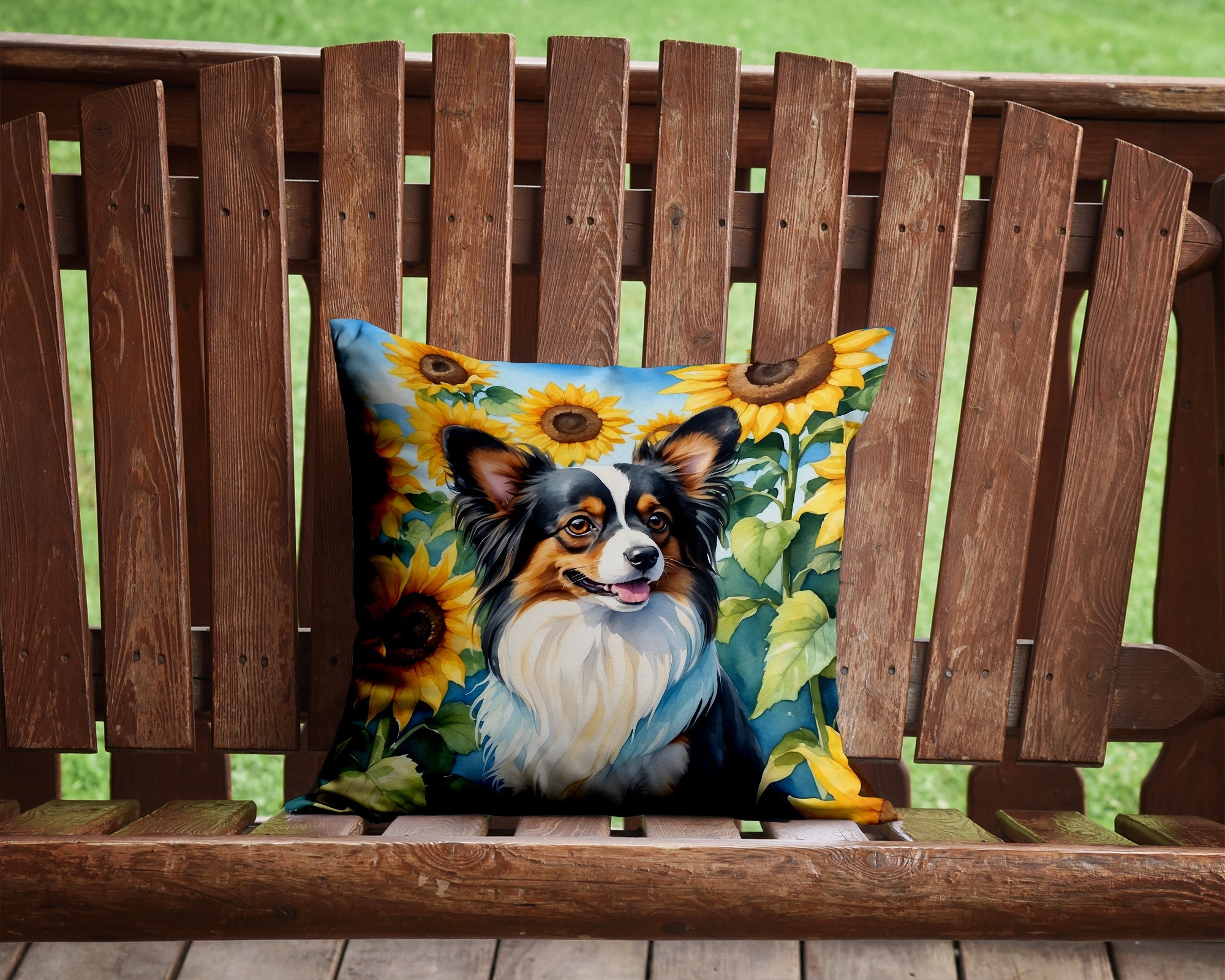 Papillon in Sunflowers Decorative Throw Pillow 14x14 Indoor Outdoor Accent Cushion, Fabric Cover with Insert for Sofa, Bed, Porch & Living Room