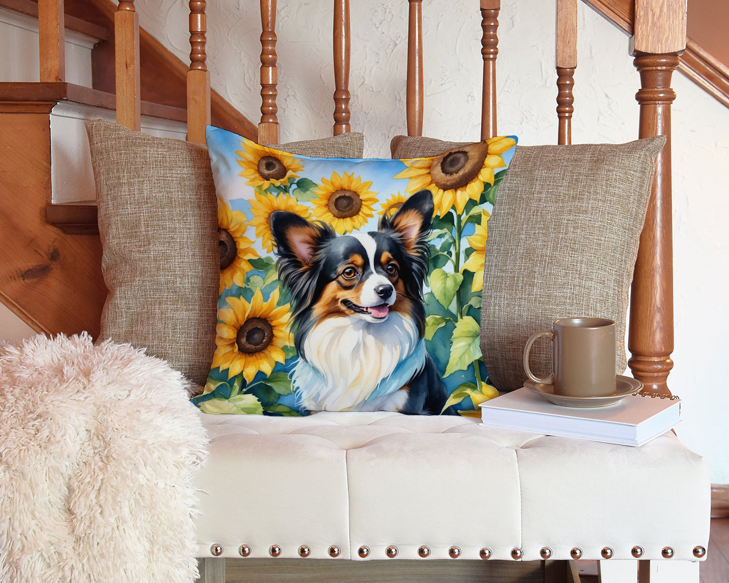 Papillon in Sunflowers Decorative Throw Pillow 14x14 Indoor Outdoor Accent Cushion, Fabric Cover with Insert for Sofa, Bed, Porch & Living Room
