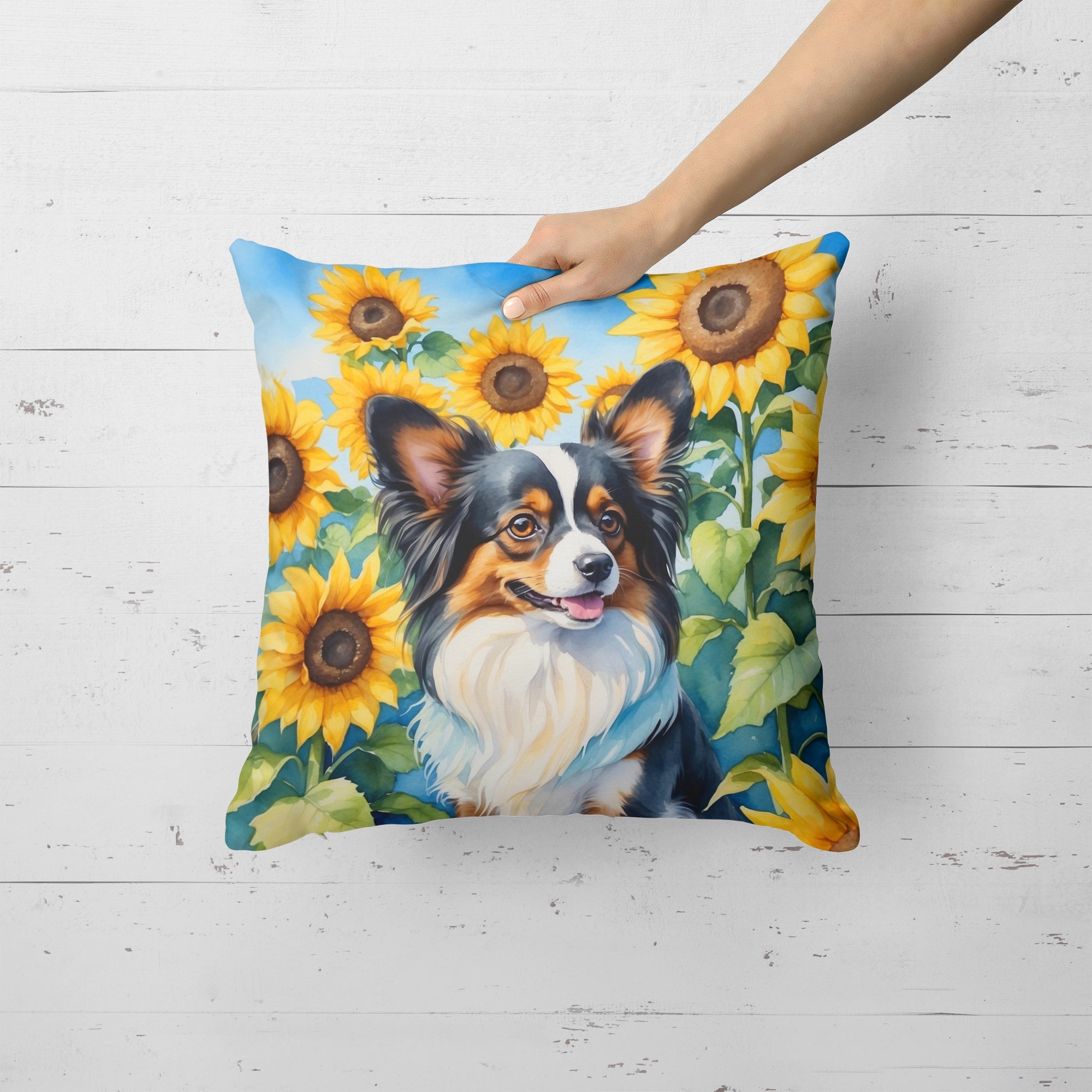 Papillon in Sunflowers Decorative Throw Pillow 18x18 Indoor Outdoor Accent Cushion, Fabric Cover with Insert for Sofa, Bed, Porch & Living Room