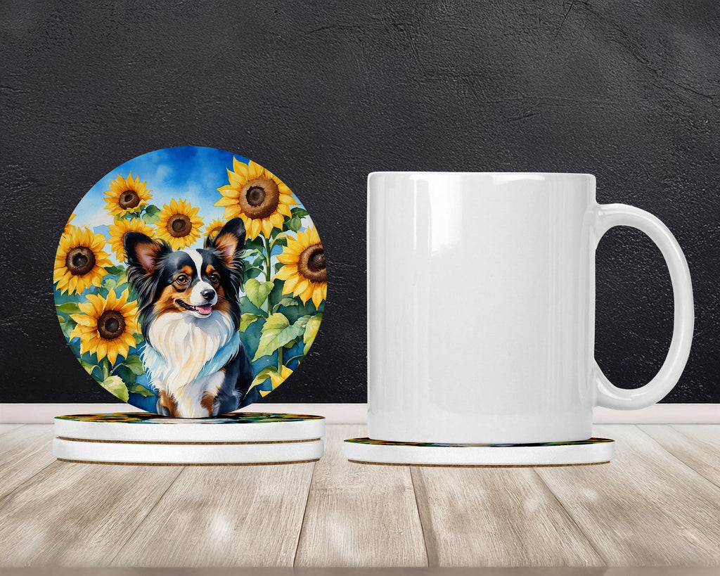 Papillon in Sunflowers Large Sandstone Coasters Pack of 4 Absorbent Round Coasters Decor Gifts for Men or Women, 4 in, Multicolor